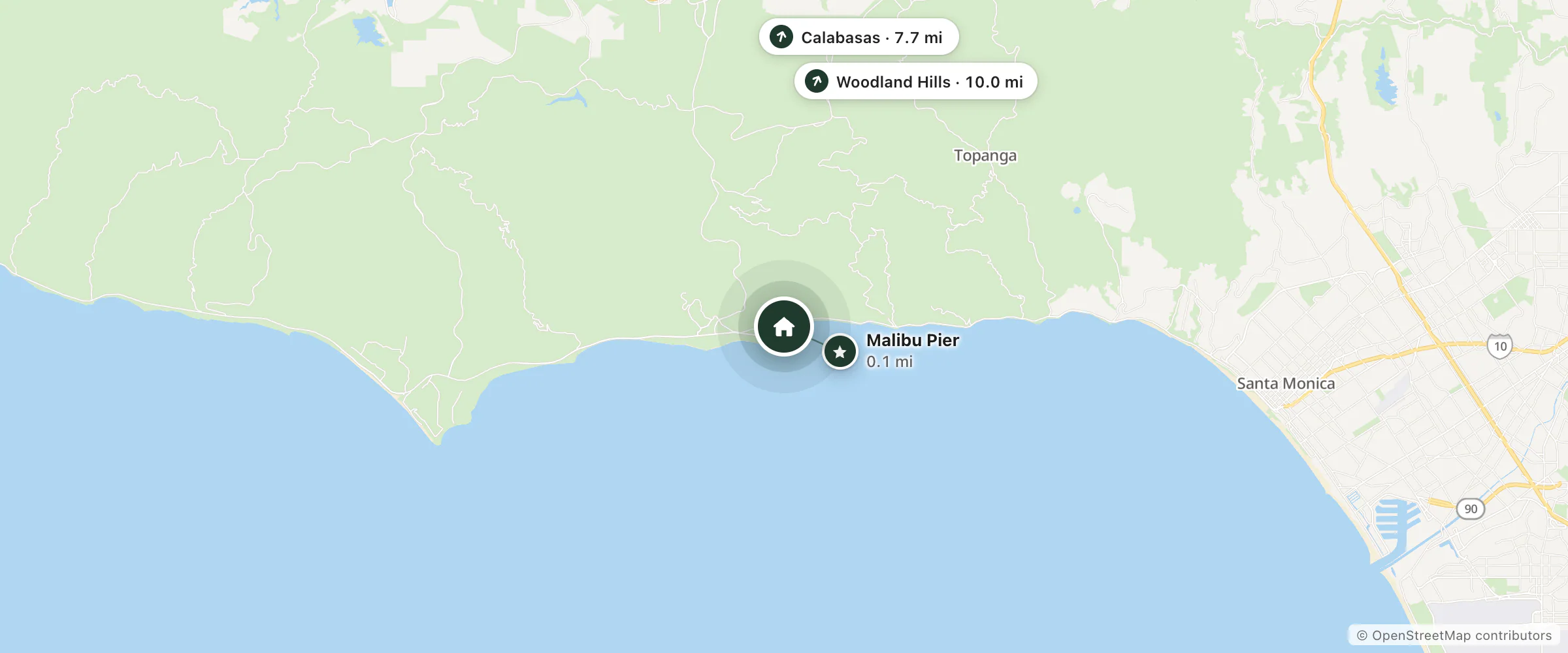 Map of The Surfrider Malibu and nearby Malibu Pier, Calabasas and Woodland Hills