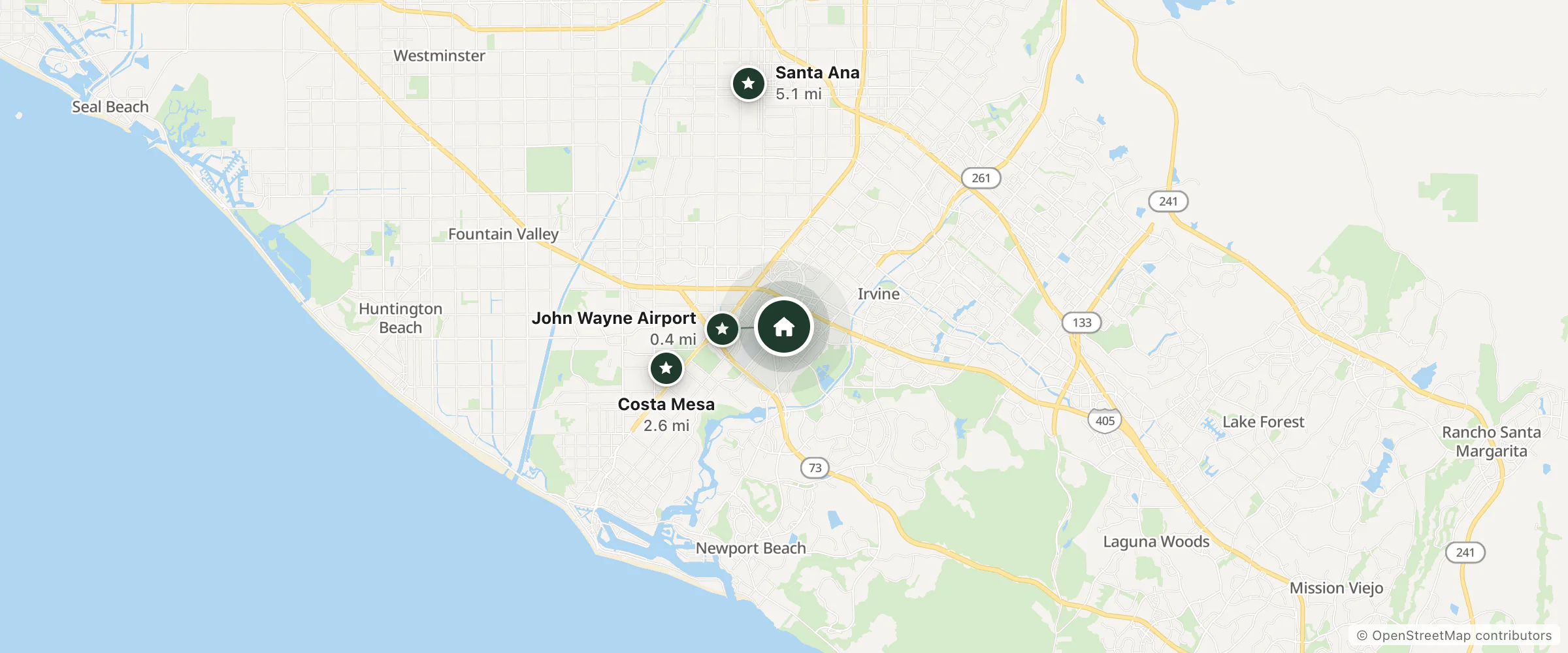 Map of Atrium Hotel and nearby John Wayne Airport, Costa Mesa and Santa Ana
