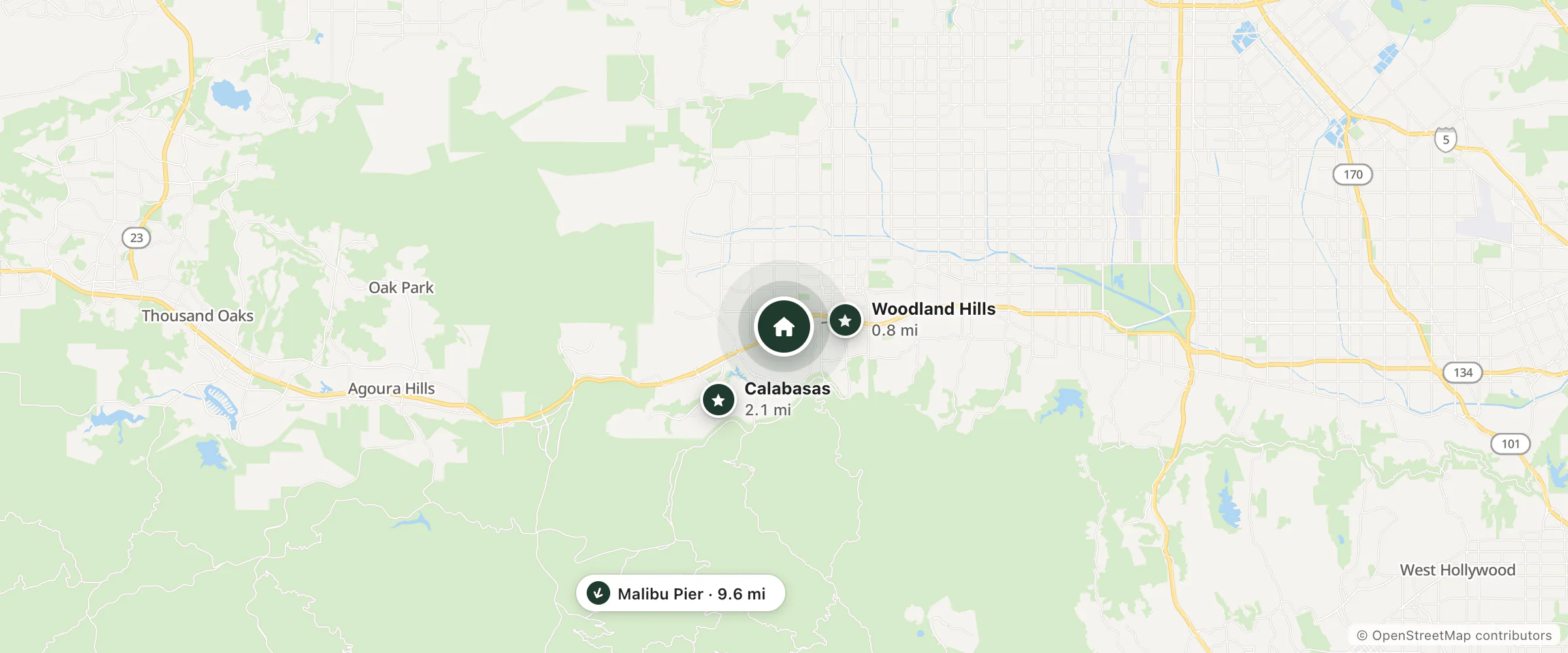 Map of Holiday Inn Express and Suites Woodland Hills and nearby Woodland Hills, Calabasas and Malibu Pier