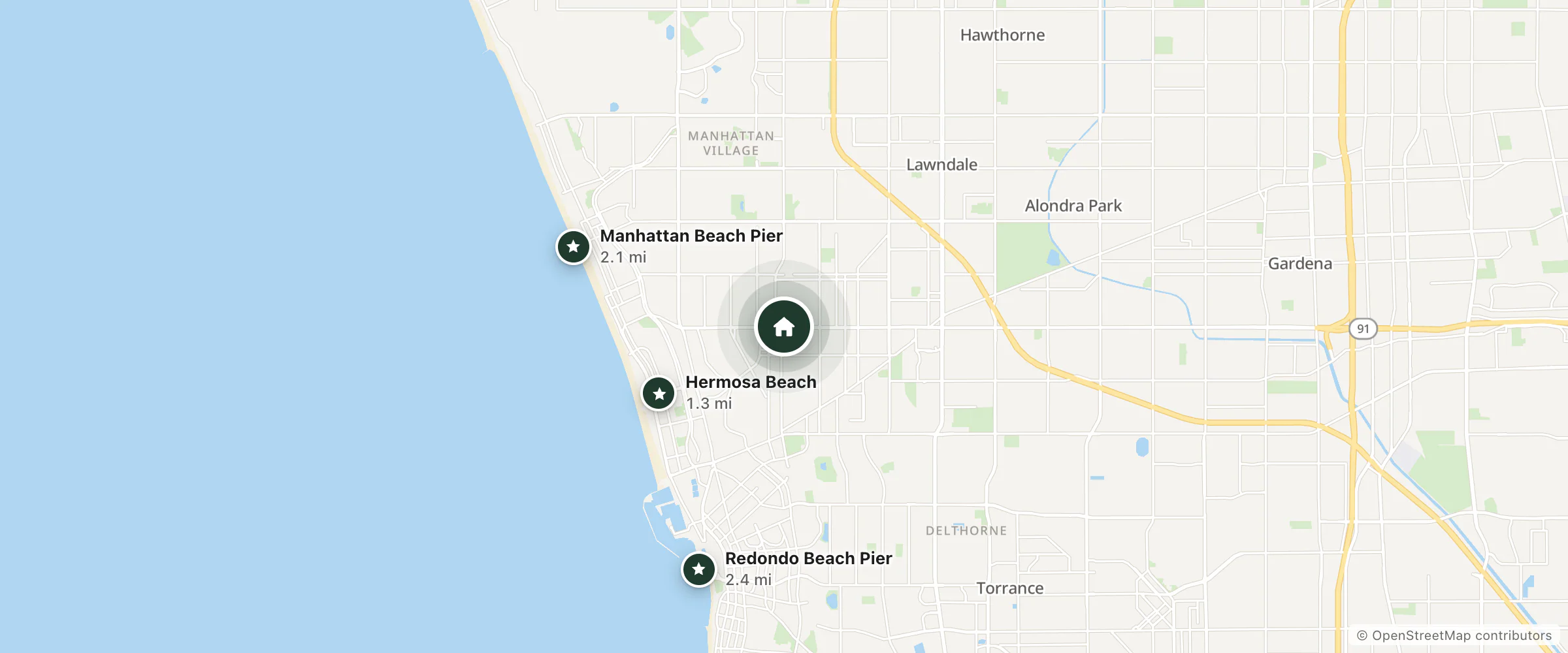 Map of Seaside Motel and nearby Hermosa Beach, Manhattan Beach Pier and Redondo Beach Pier