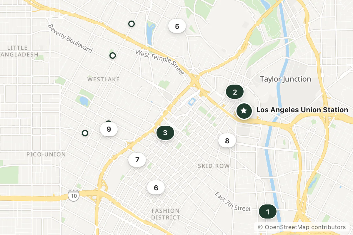 Map of the top 13 hotels for this question around Los Angeles Union Station