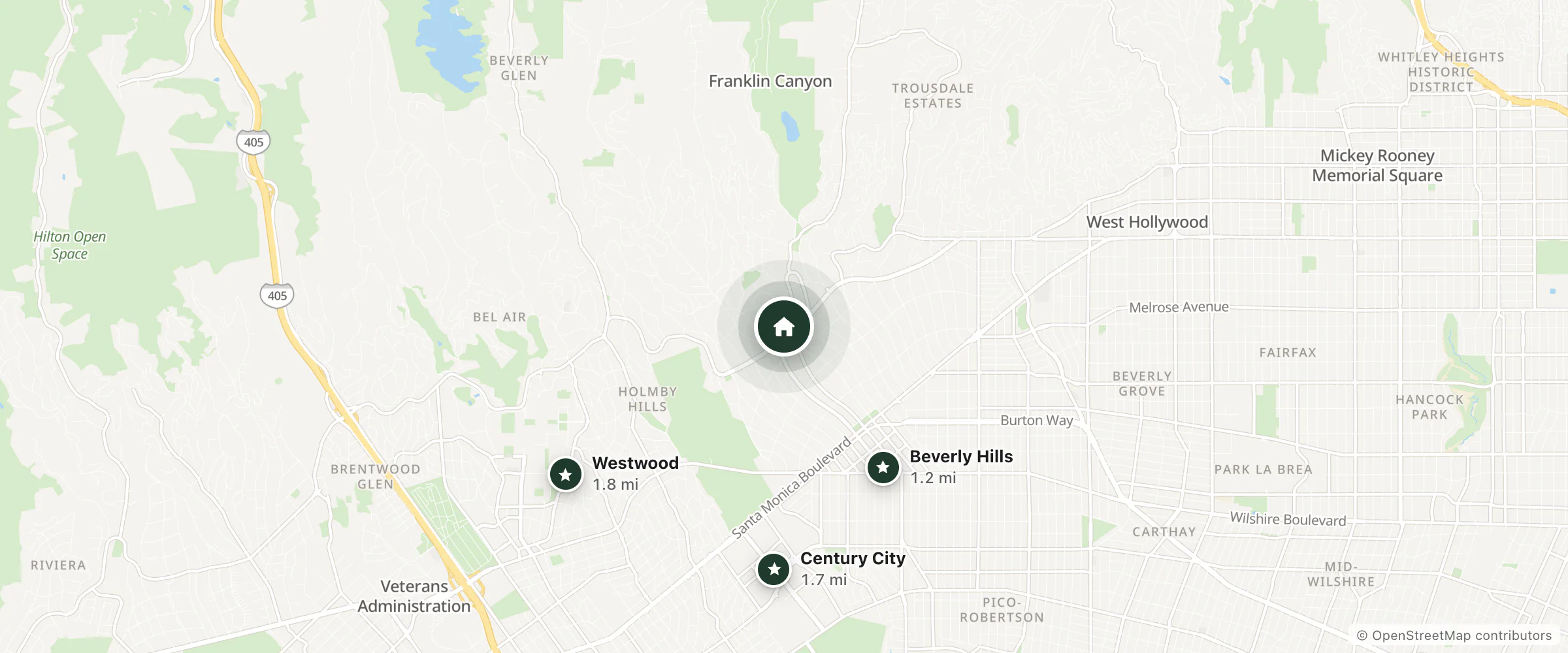 Map of The Beverly Hills Hotel and nearby Beverly Hills, Century City and Westwood