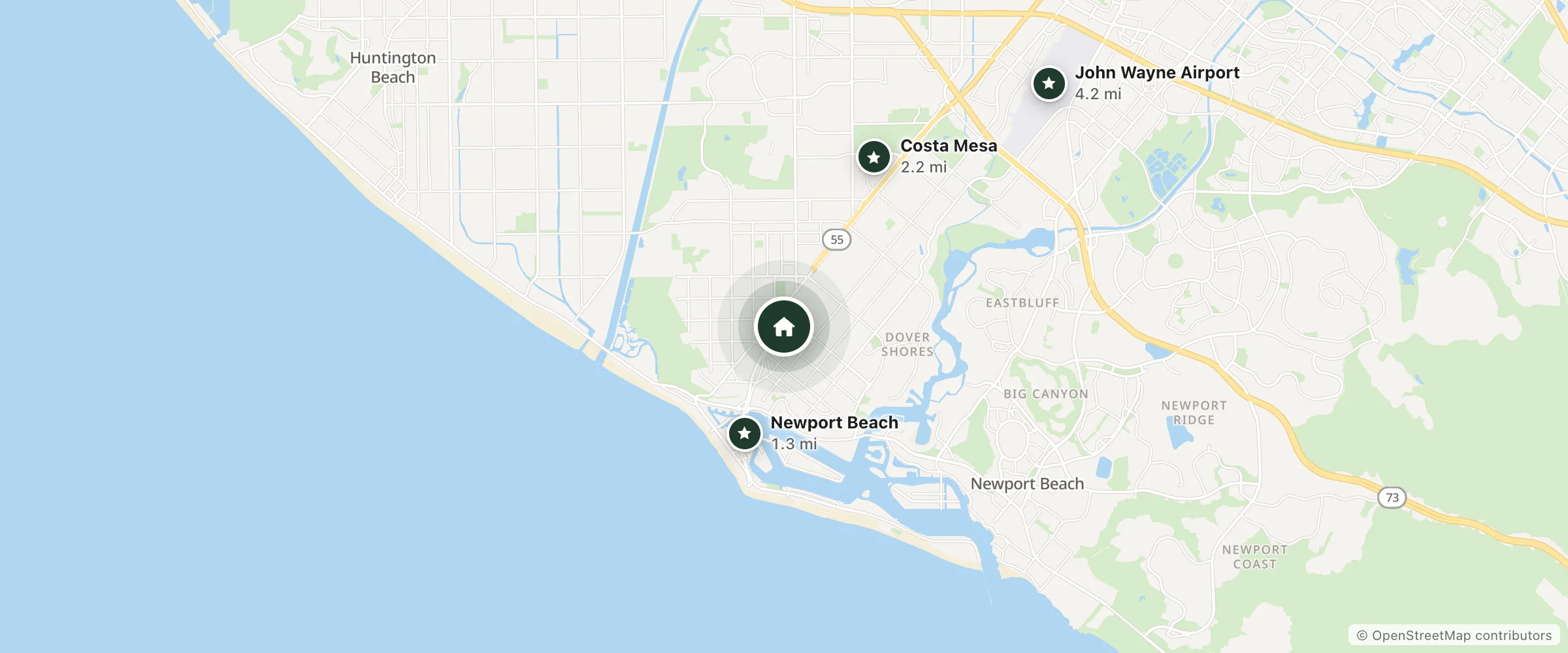 Map of Montecito House and nearby Newport Beach, Costa Mesa and John Wayne Airport