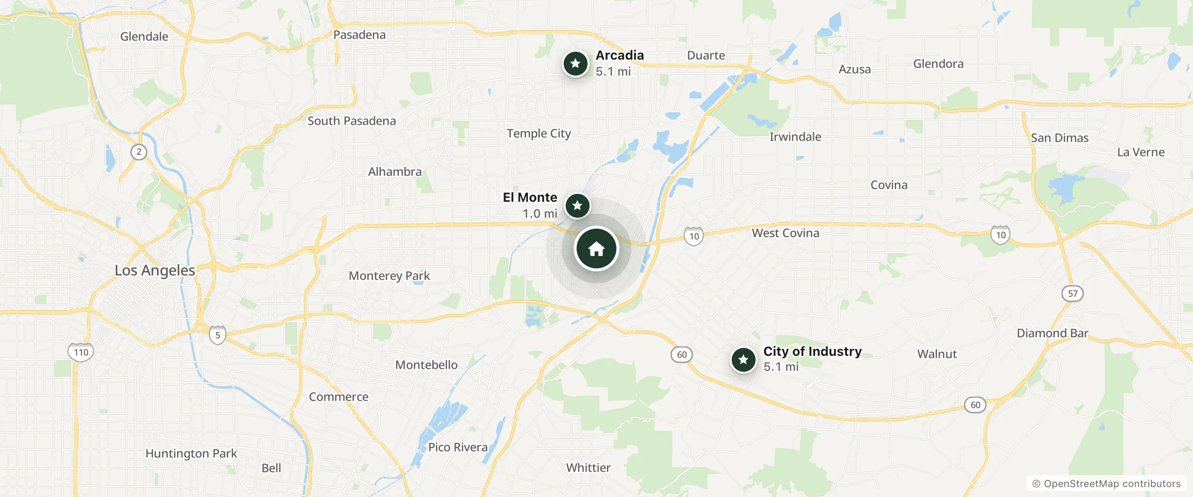 Map of Troy Motel and nearby El Monte, City of Industry and Arcadia