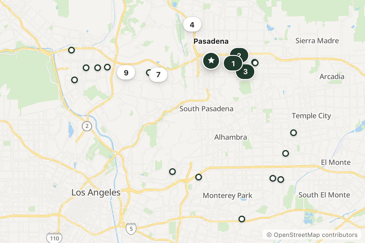 Map of the top 22 hotels for this question around Pasadena