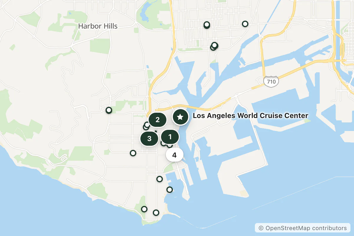 Map of the top 25 hotels for this question around Los Angeles World Cruise Center