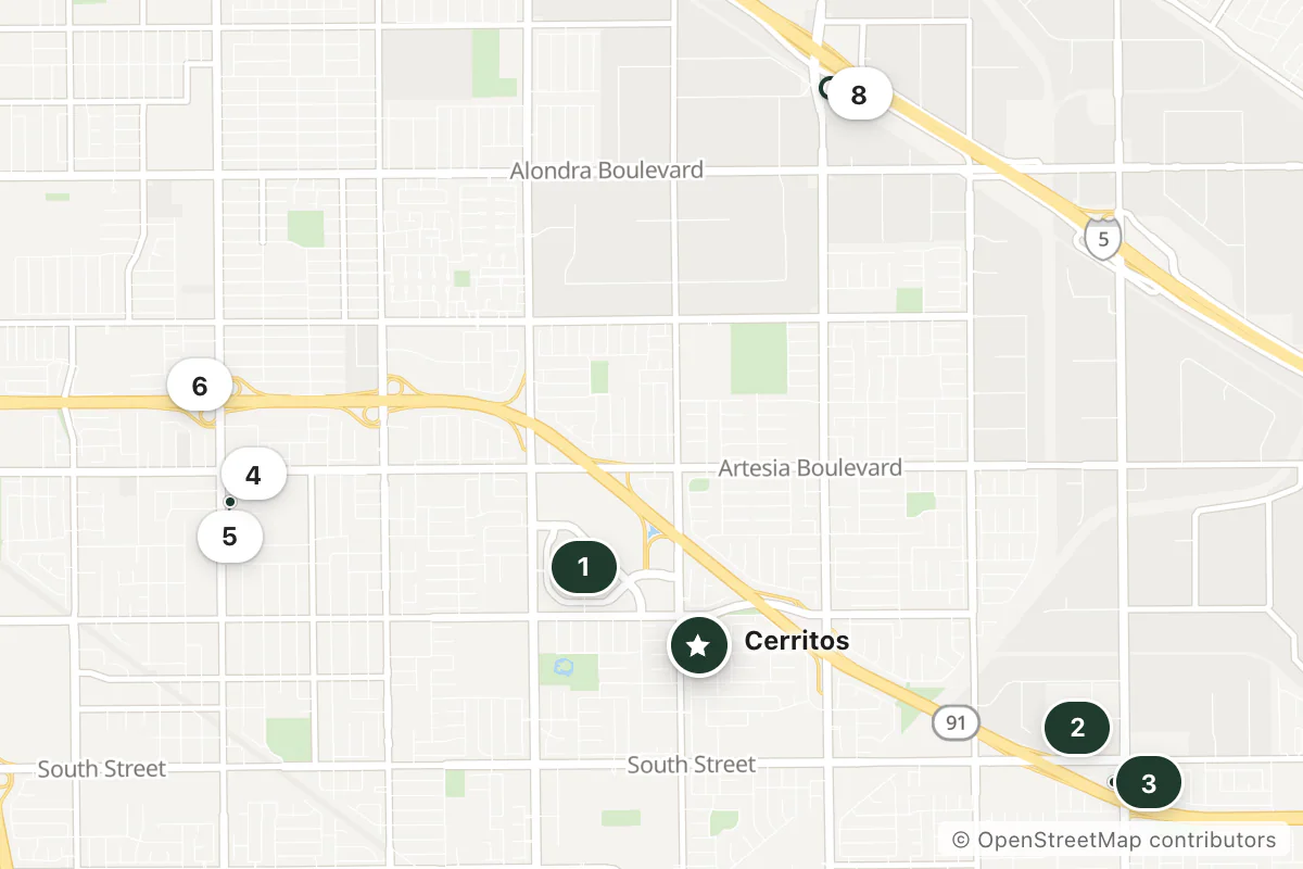 Map of the top 9 hotels for this question around Cerritos