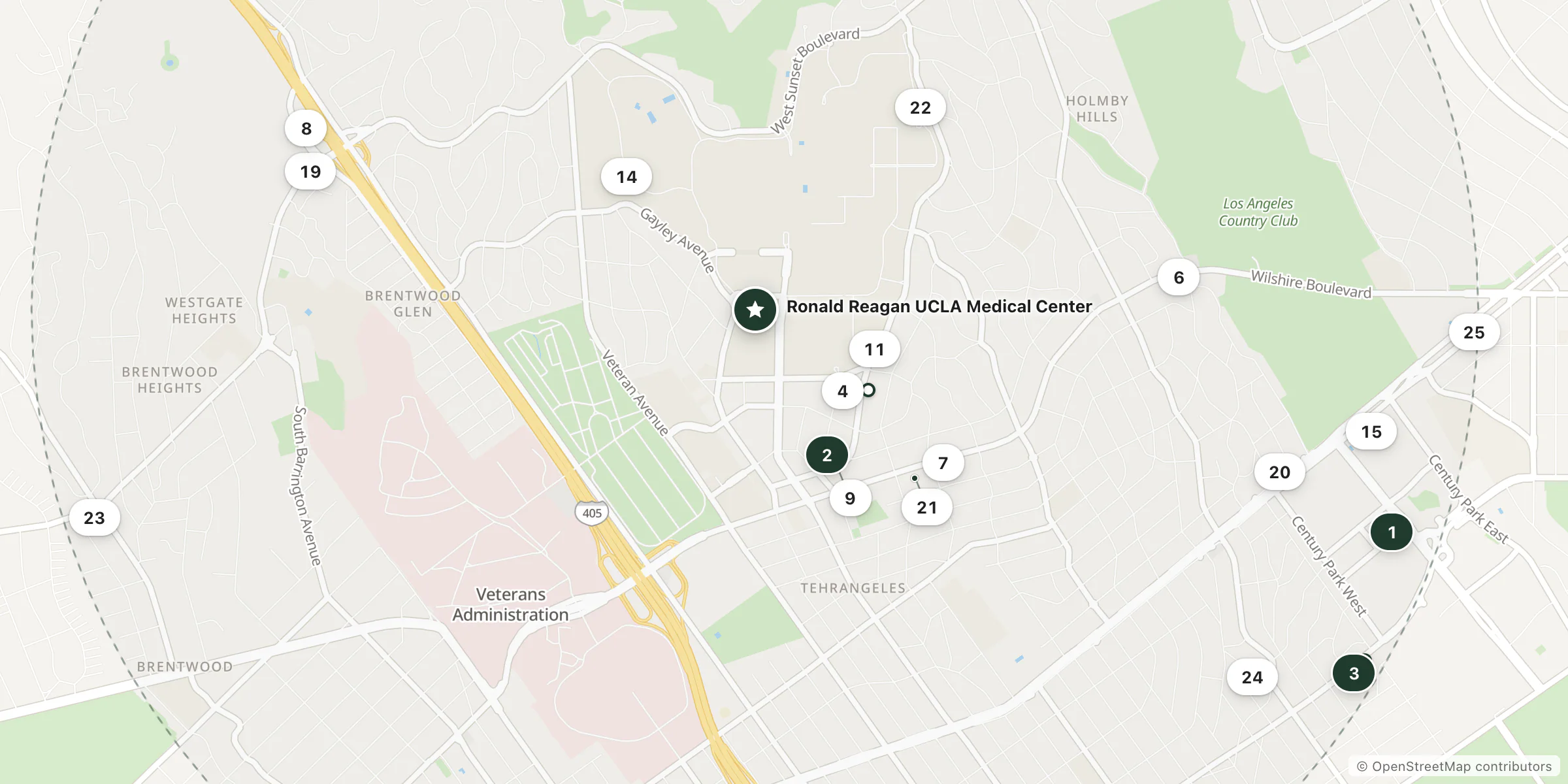 Map of hotels near Ronald Reagan UCLA Medical Center