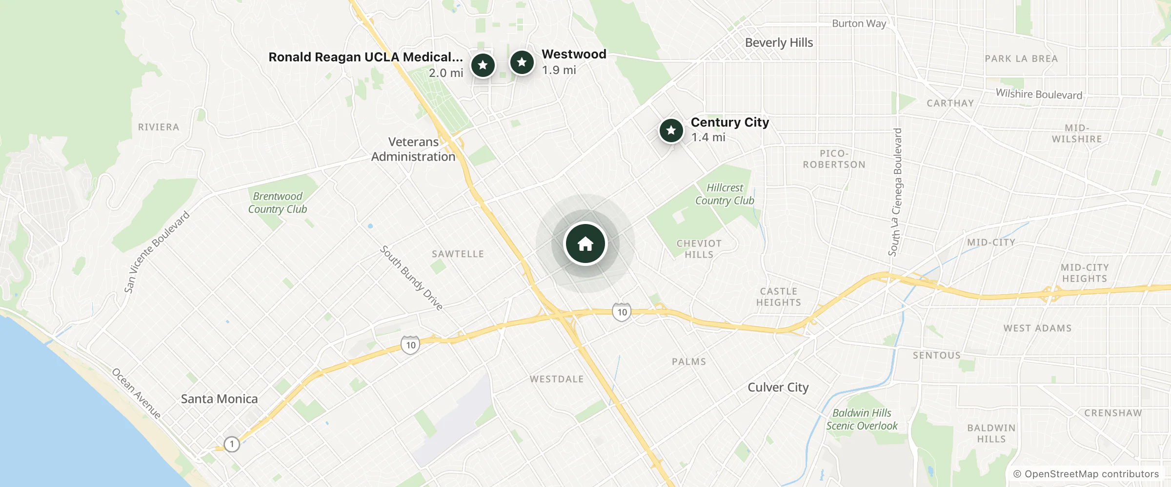 Map of La Sky Hotel and nearby Century City, Westwood and Ronald Reagan UCLA Medical Center