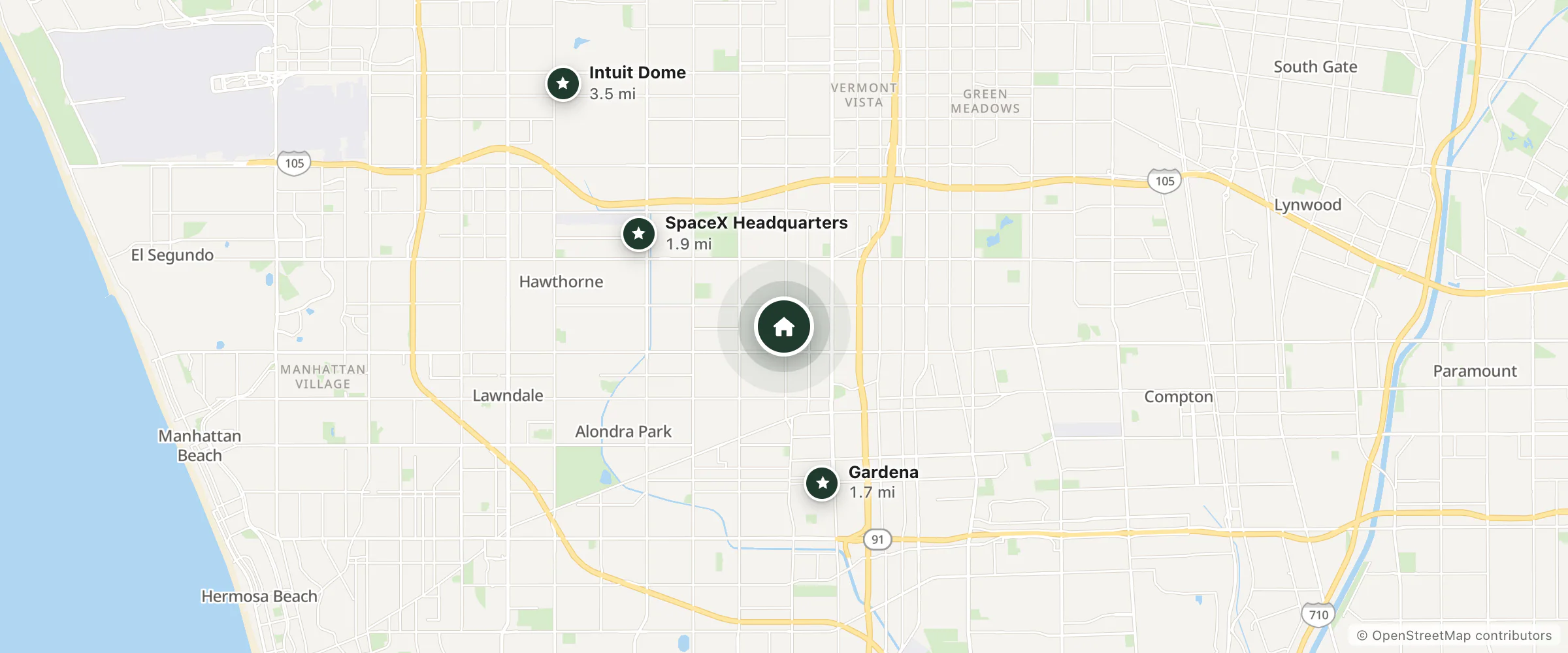 Map of Patio Motel and nearby Gardena, SpaceX Headquarters and Intuit Dome