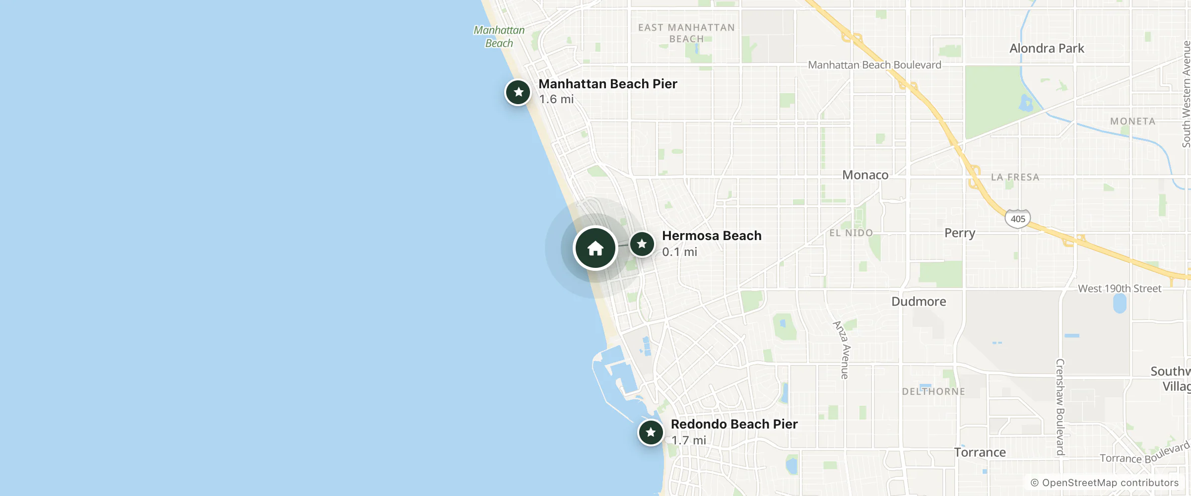 Map of Grandview Inn and nearby Hermosa Beach, Manhattan Beach Pier and Redondo Beach Pier