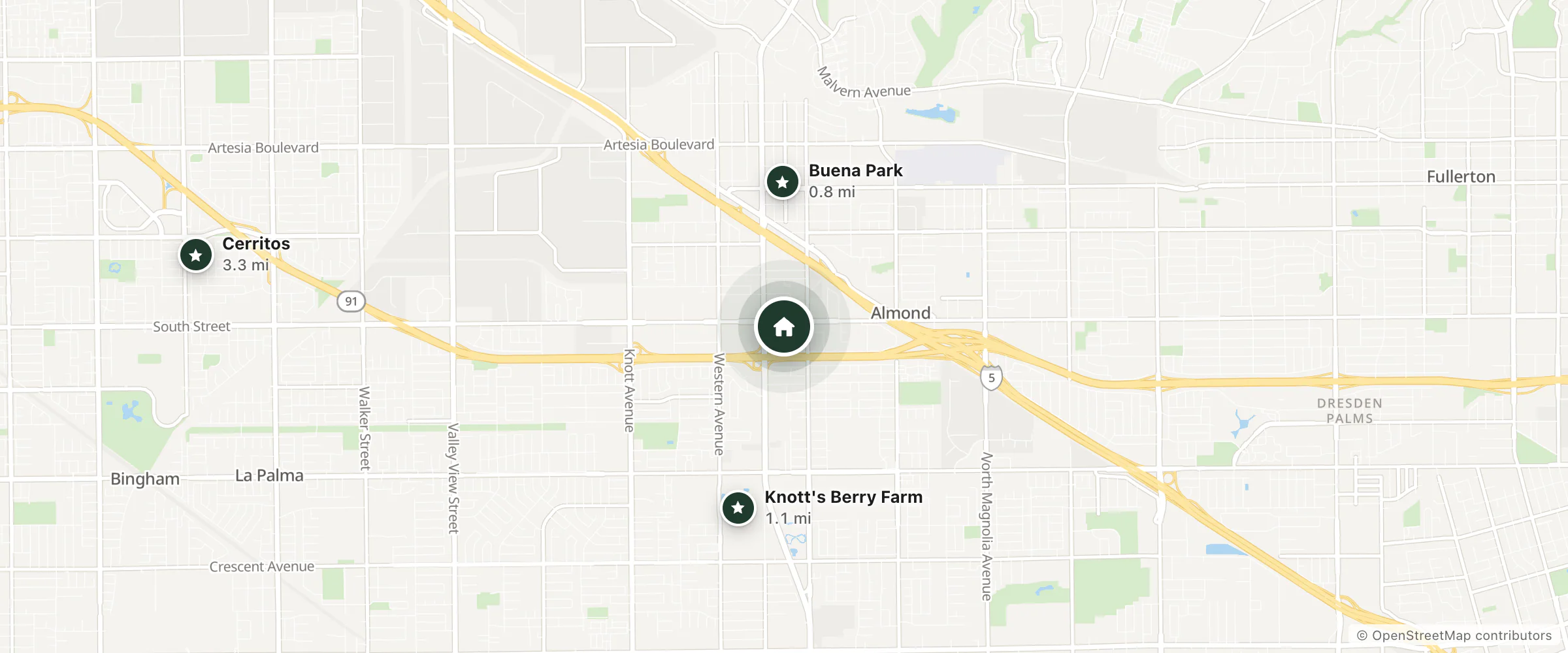 Map of Fairfield by Marriott Inn & Suites Anaheim North/Buena Park and nearby Buena Park, Knott's Berry Farm and Cerritos