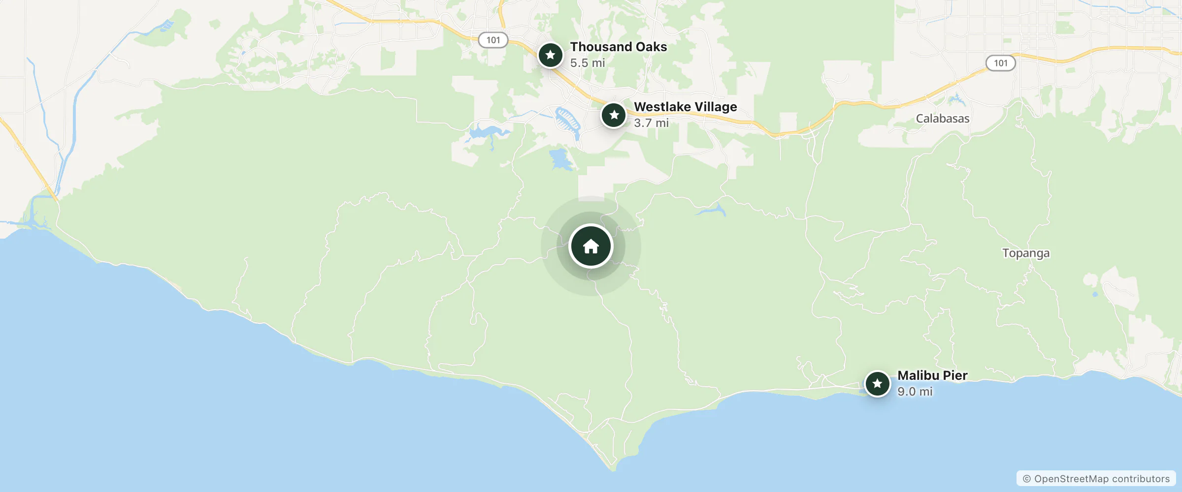 Map of Calamigos Ranch Resort & Spa and nearby Westlake Village, Thousand Oaks and Malibu Pier