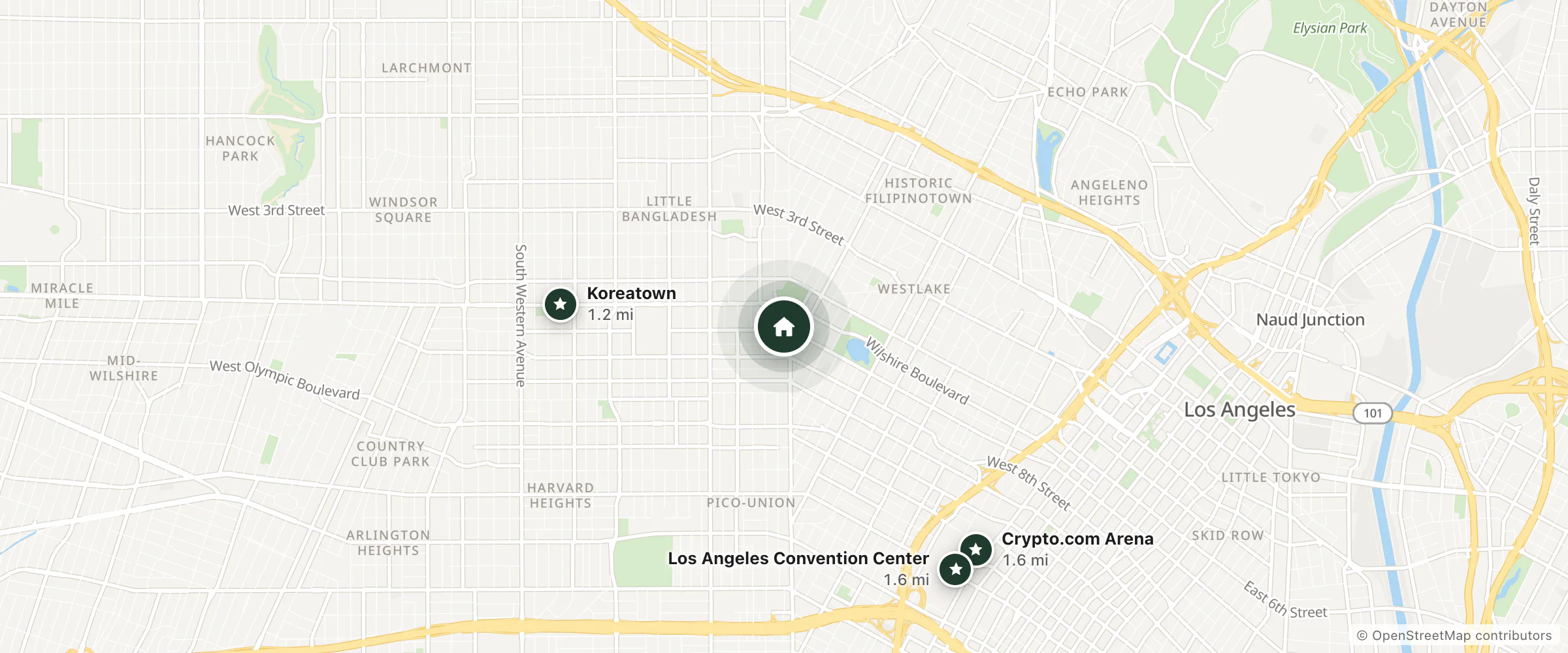Map of Art Boarding and nearby Koreatown, Crypto.com Arena and Los Angeles Convention Center