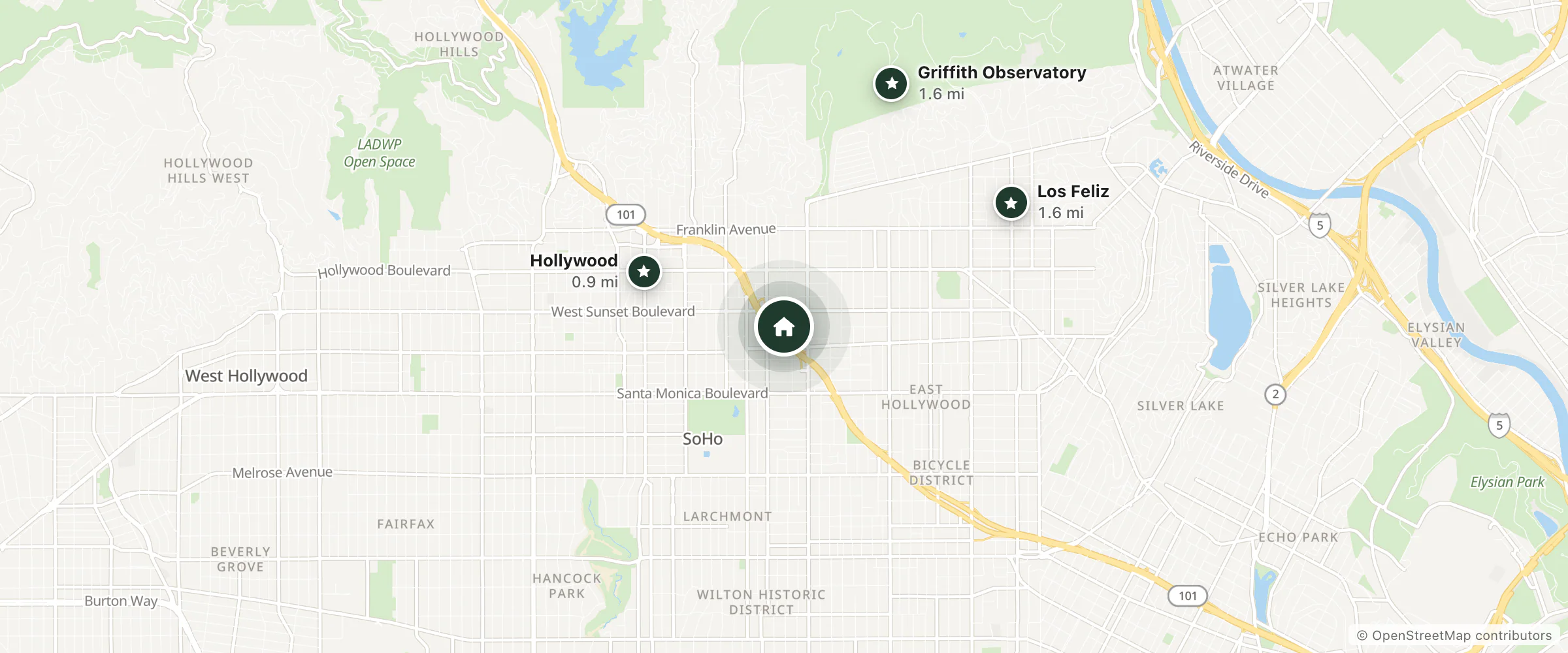 Map of One Lux Stay Hollywood View LA Suites and nearby Hollywood, Los Feliz and Griffith Observatory