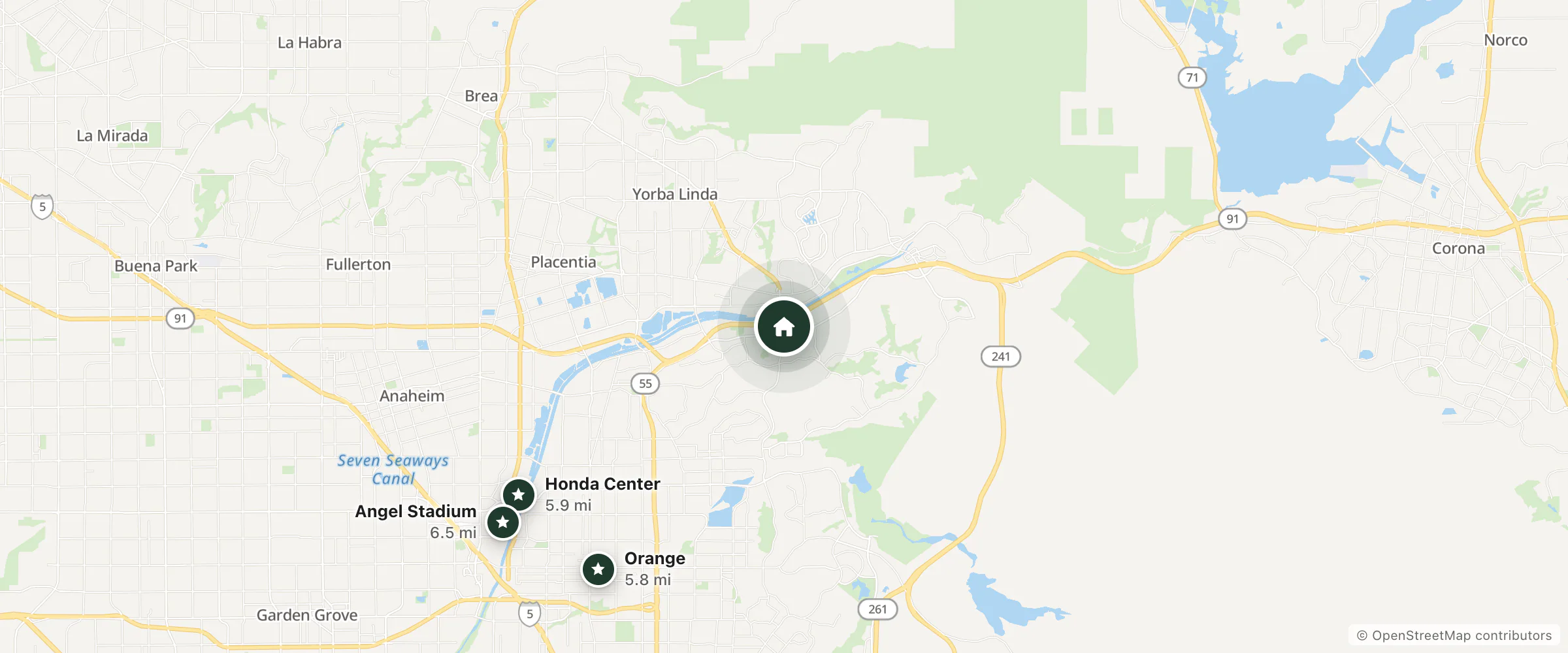 Map of Fairfield Inn Anaheim Hills Orange County and nearby Orange, Honda Center and Angel Stadium