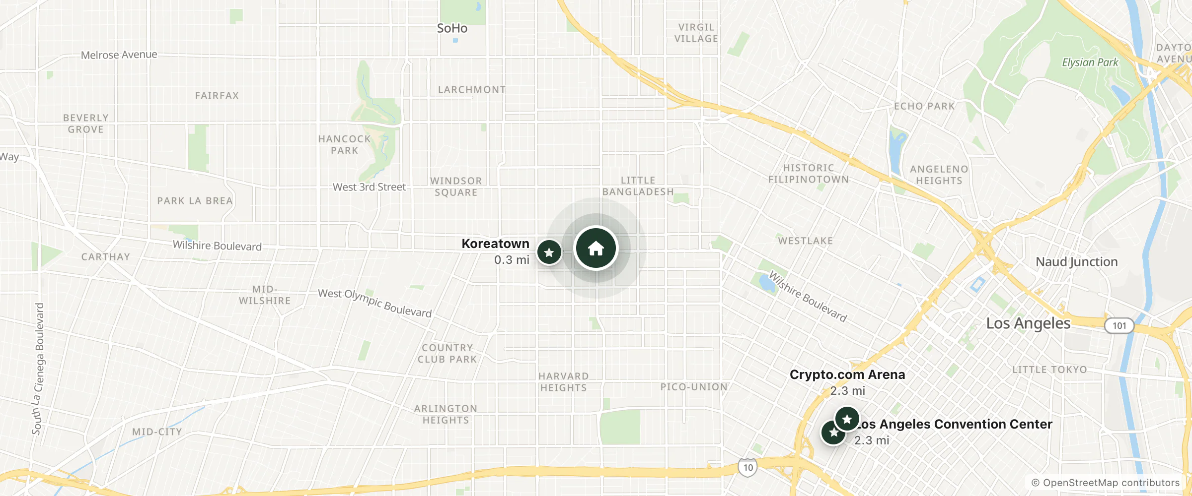 Map of Radisson Wilshire Plaza Hotel and nearby Koreatown, Los Angeles Convention Center and Crypto.com Arena