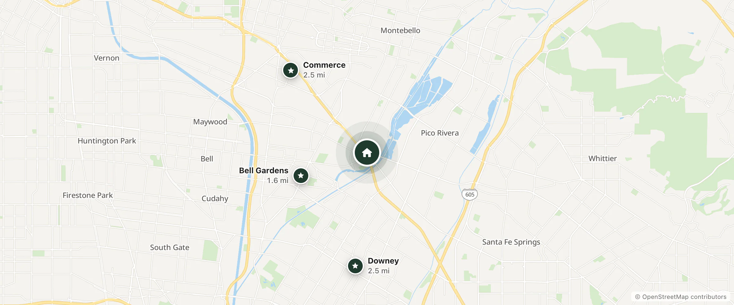 Map of Quality Inn and Suites Montebello Los Angeles and nearby Bell Gardens, Commerce and Downey