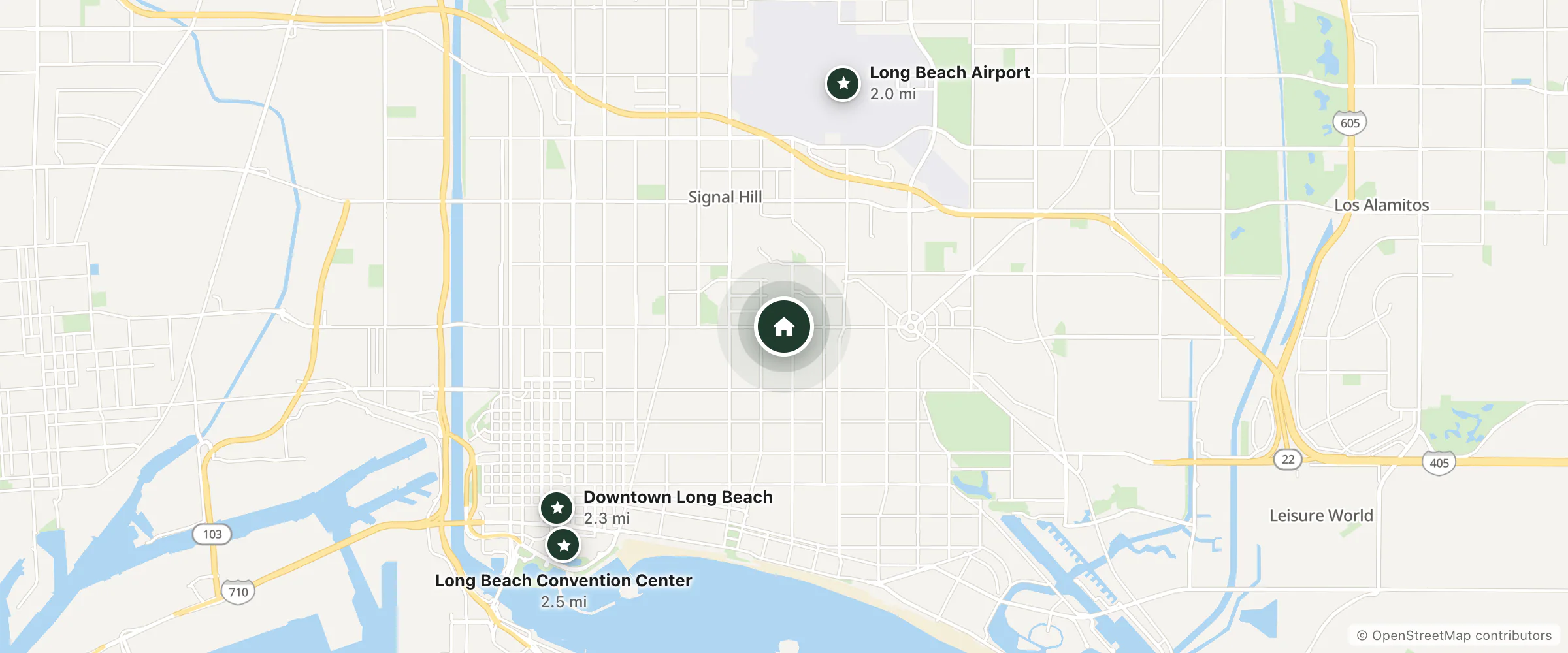 Map of Cherry Motel and nearby Long Beach Airport, Downtown Long Beach and Long Beach Convention Center