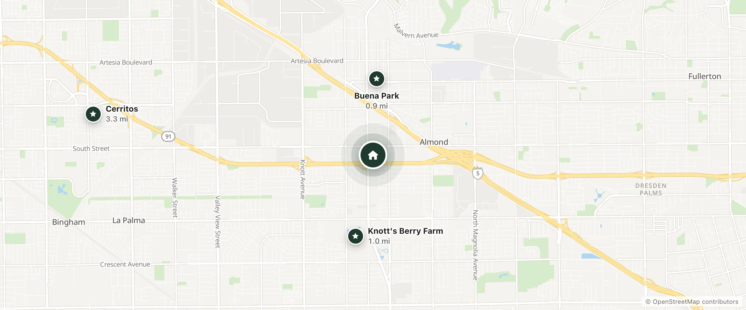 Map of DoubleTree by Hilton Buena Park and nearby Buena Park, Knott's Berry Farm and Cerritos