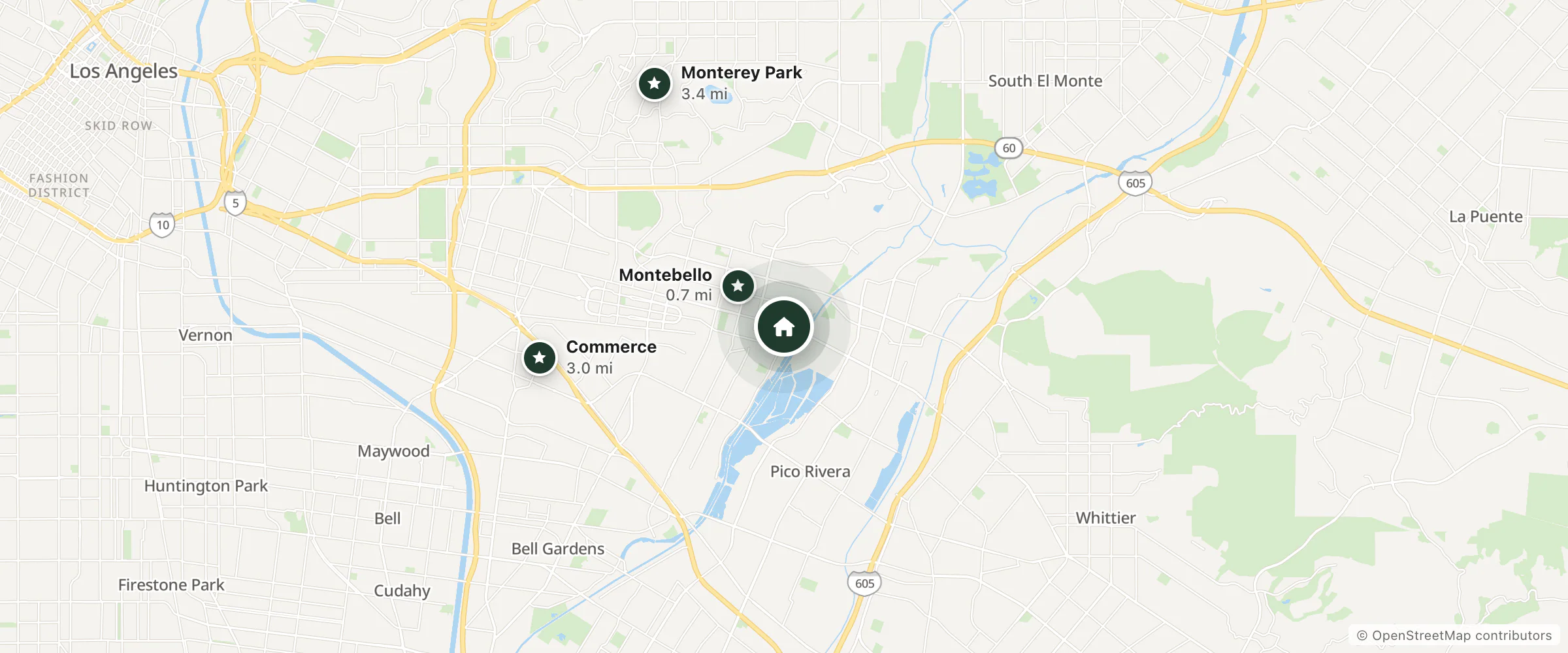 Map of Whittier Motel and nearby Montebello, Commerce and Monterey Park