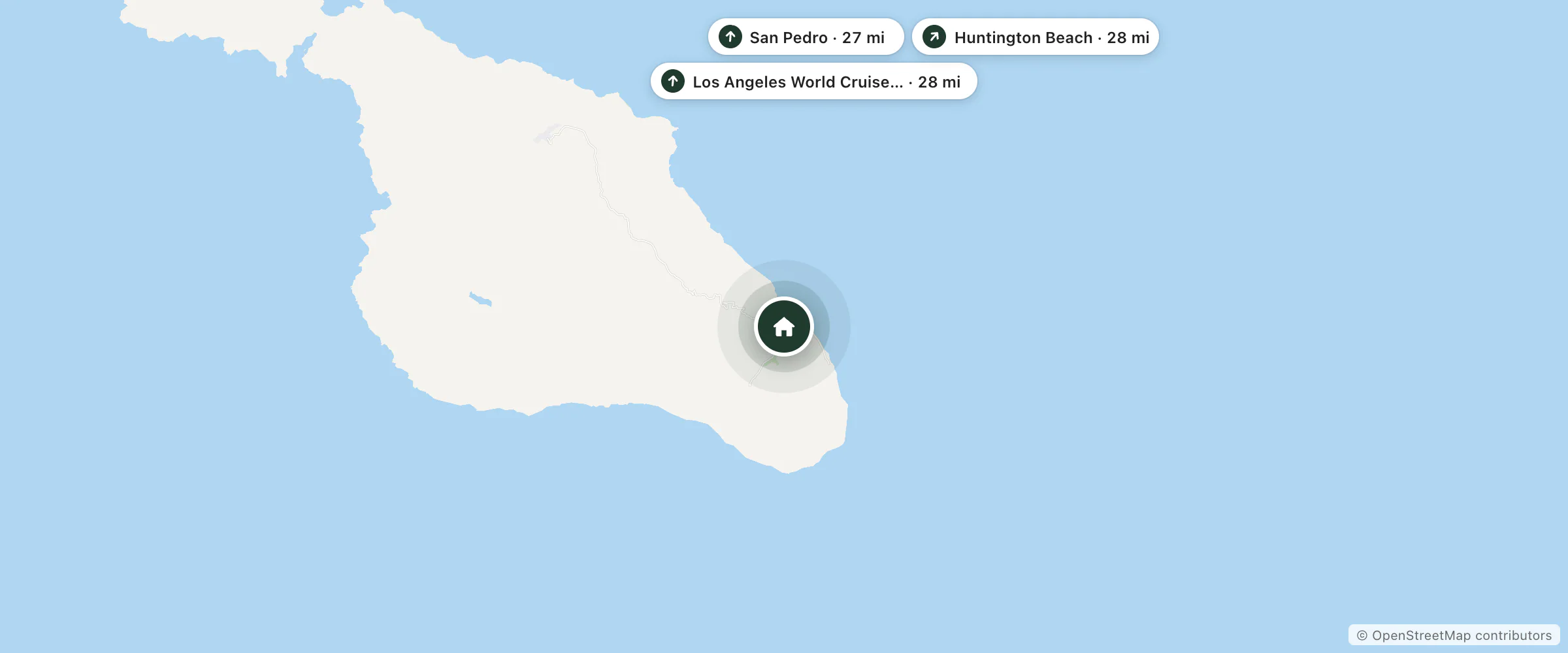 Map of Vincentes and nearby San Pedro, Los Angeles World Cruise Center and Huntington Beach
