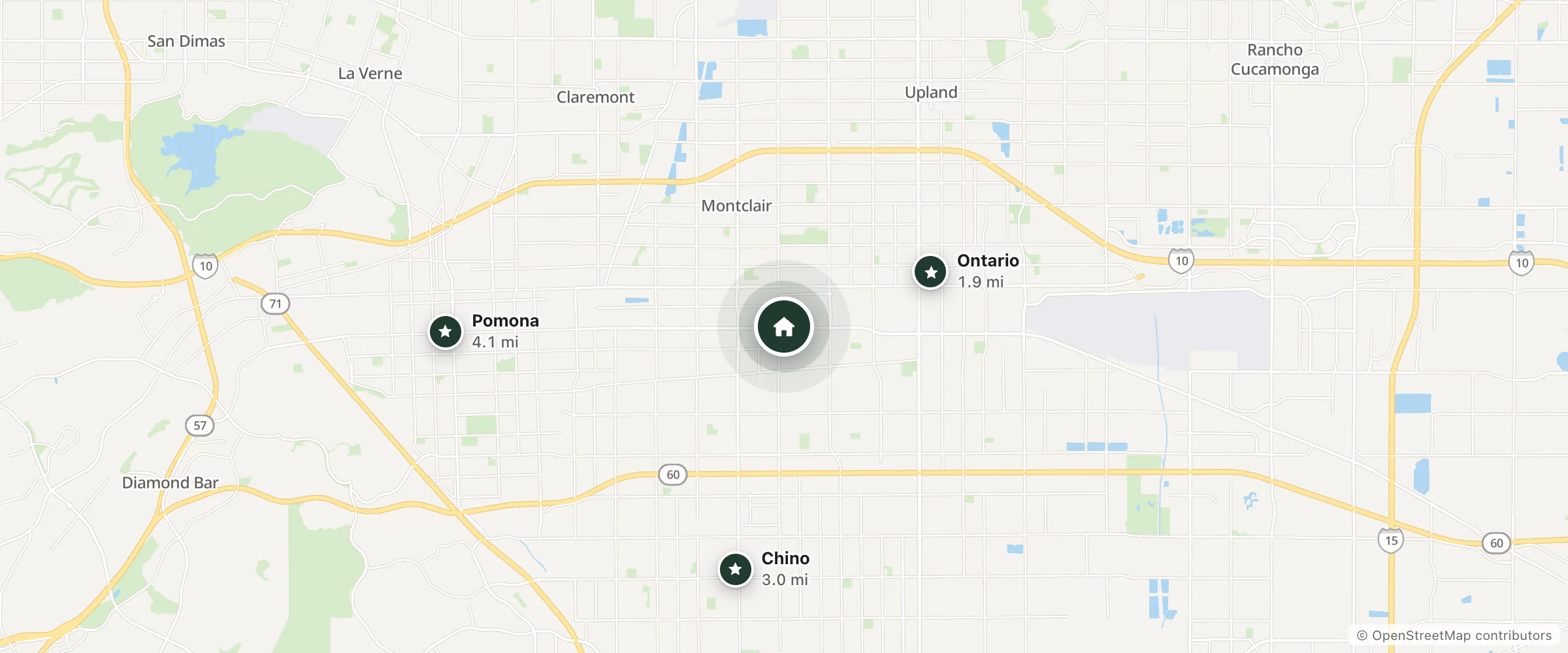 Map of Bright Star Motel and nearby Ontario, Chino and Pomona