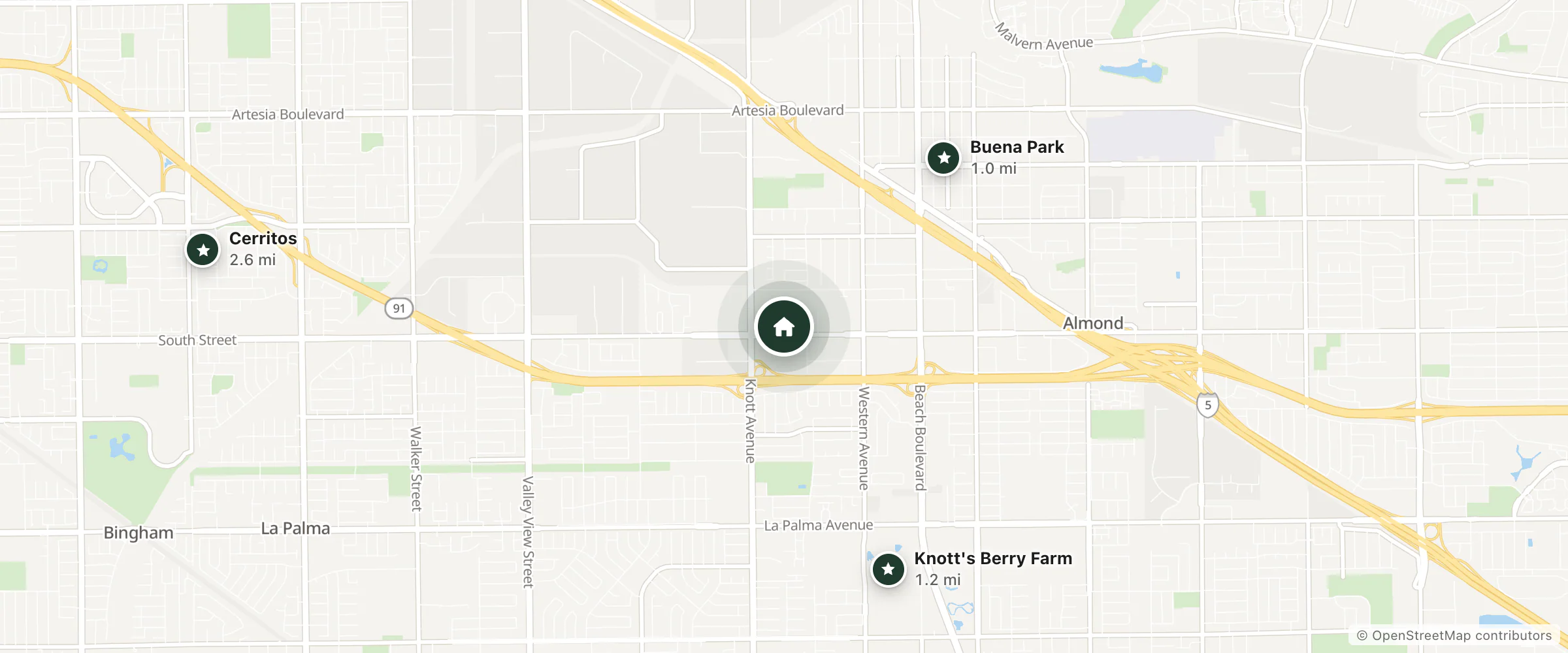 Map of Howard Johnson by Wyndham Buena Park and nearby Buena Park, Knott's Berry Farm and Cerritos