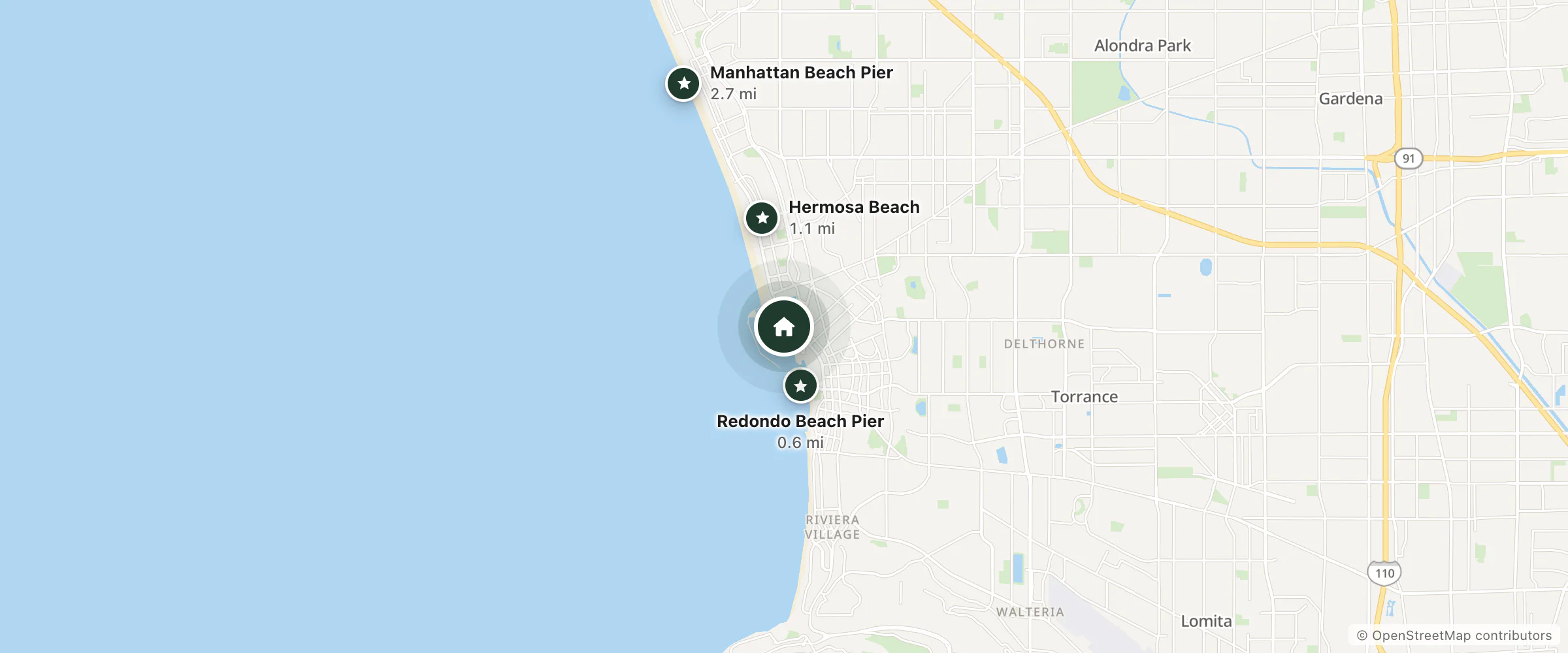 Map of Shade Hotel Redondo Beach and nearby Redondo Beach Pier, Hermosa Beach and Manhattan Beach Pier