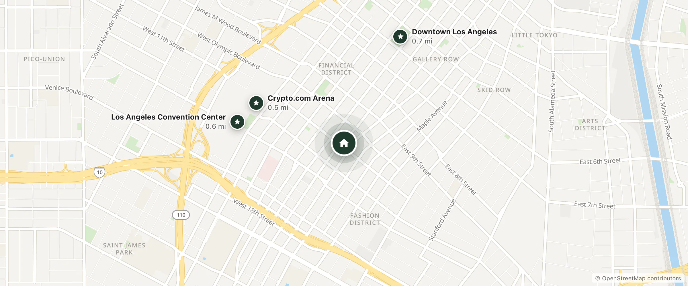Map of The Hoxton, Downtown LA and nearby Crypto.com Arena, Los Angeles Convention Center and Downtown Los Angeles