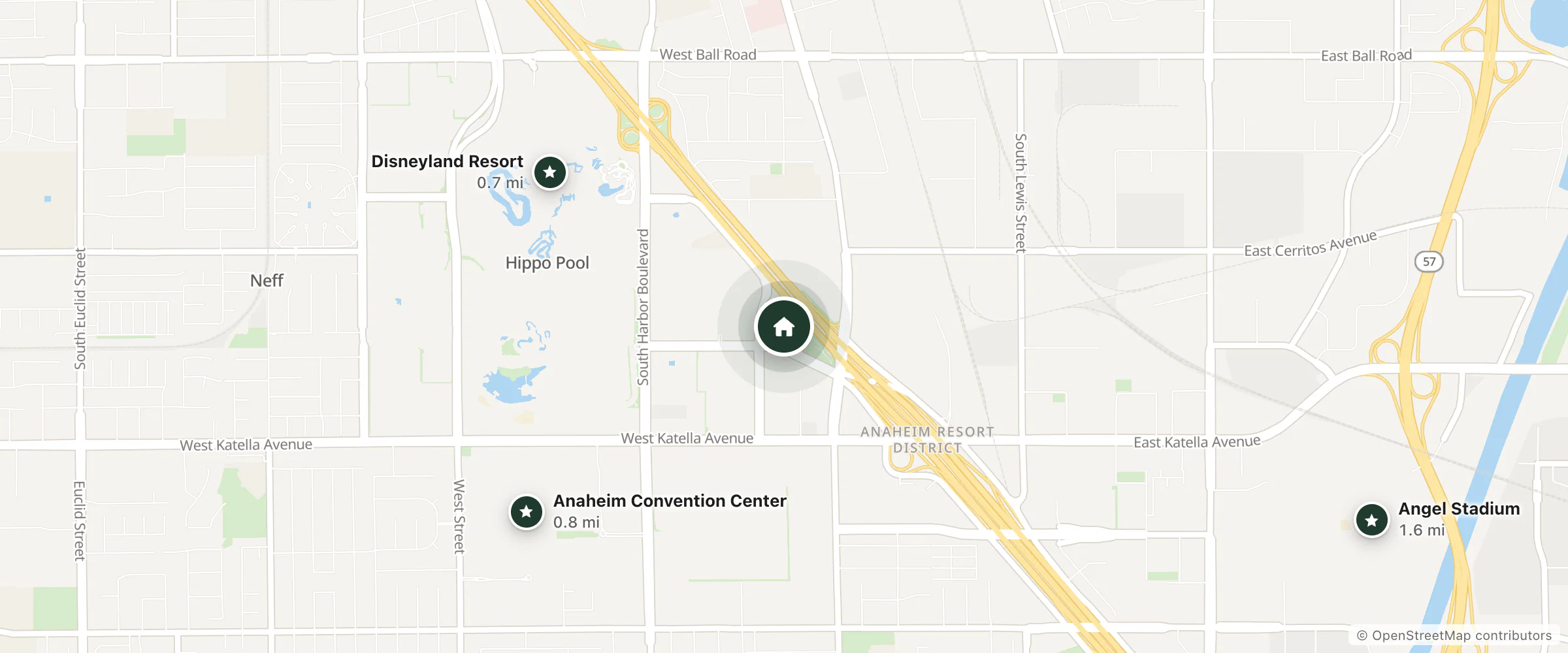 Map of SunCoast Park Hotel and nearby Disneyland Resort, Anaheim Convention Center and Angel Stadium