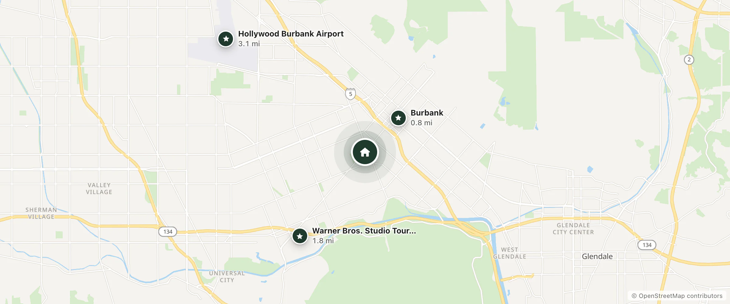 Map of Portofino Inn Burbank and nearby Burbank, Warner Bros. Studio Tour Hollywood and Hollywood Burbank Airport