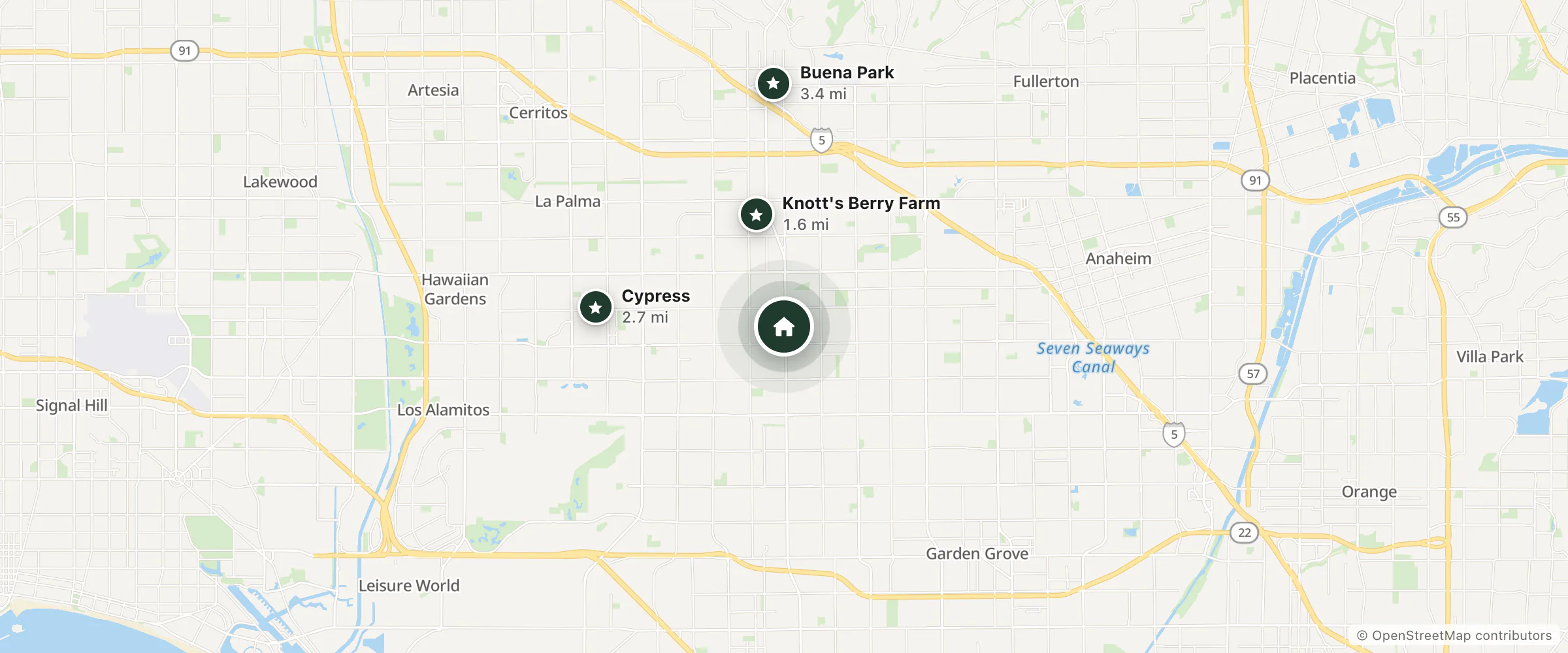 Map of Villa Inn Anaheim and nearby Knott's Berry Farm, Cypress and Buena Park