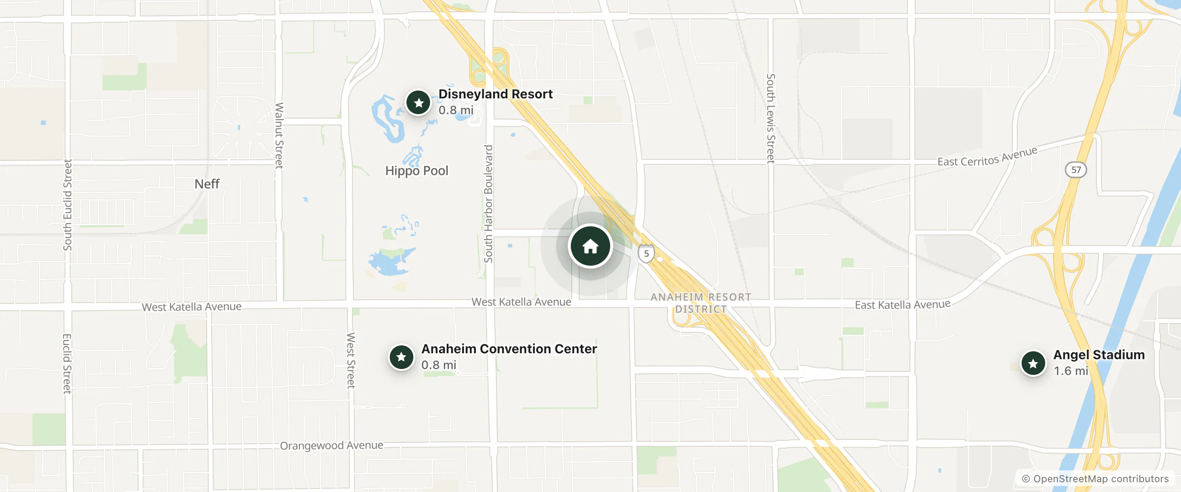 Map of Clementine Hotel & Suites Anaheim and nearby Anaheim Convention Center, Disneyland Resort and Angel Stadium
