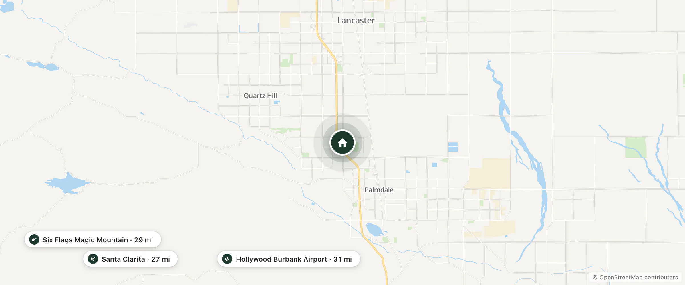 Map of Costa Linda Beach and nearby Santa Clarita, Six Flags Magic Mountain and Hollywood Burbank Airport