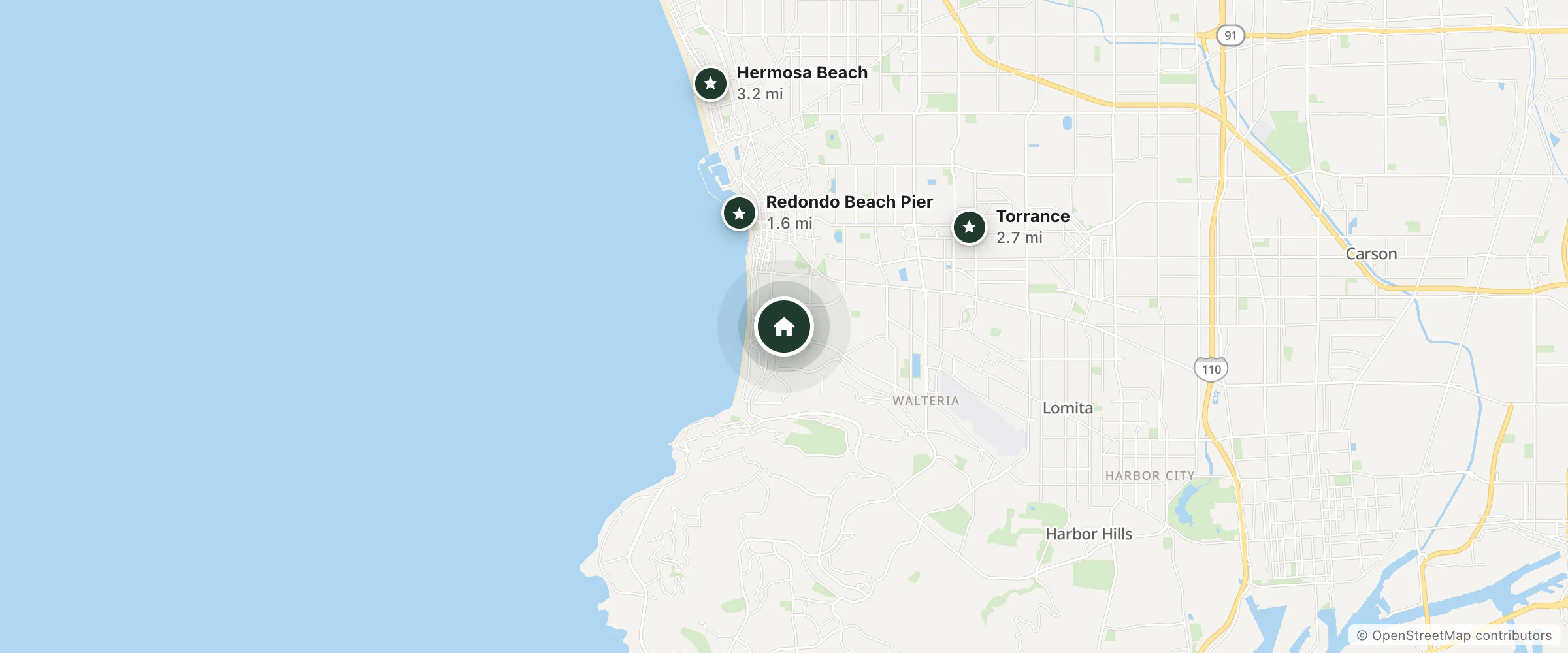Map of Palos Verdes Inn and nearby Redondo Beach Pier, Torrance and Hermosa Beach