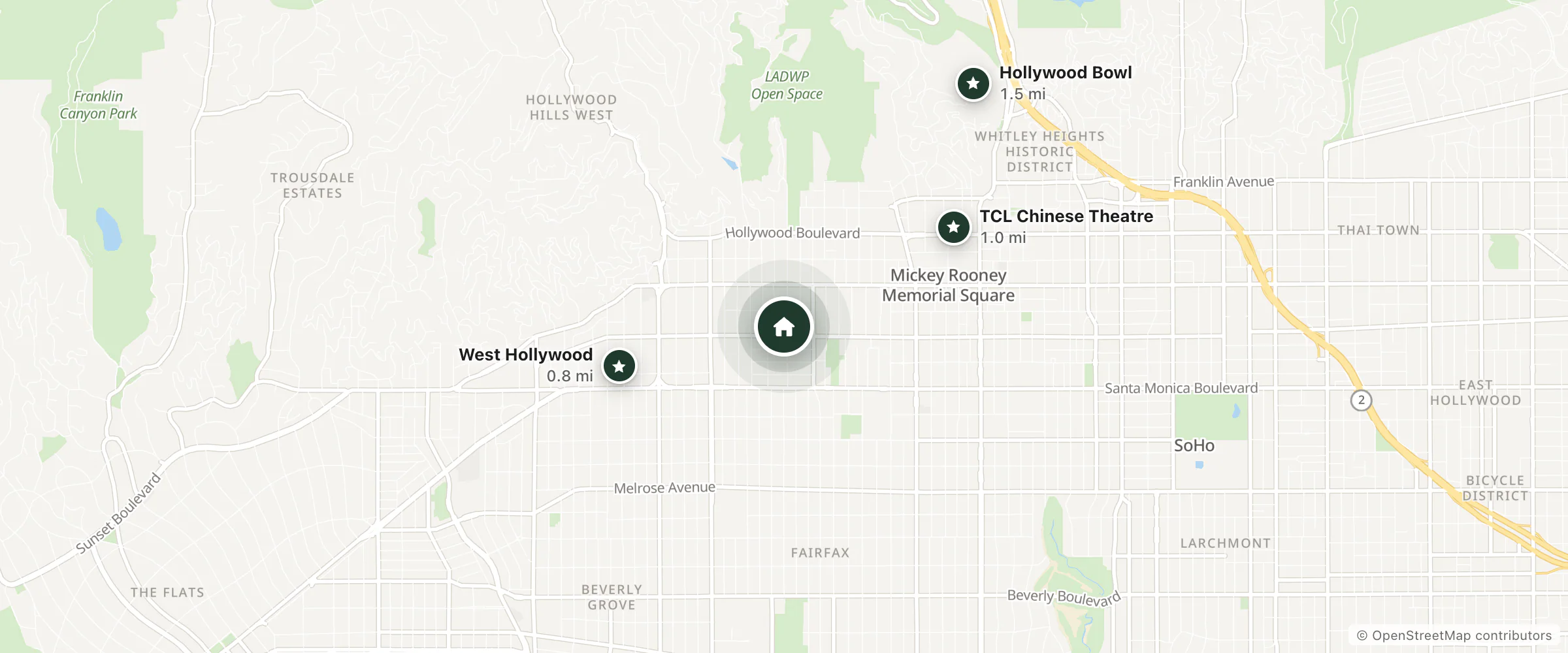 Map of Hilton and nearby West Hollywood, TCL Chinese Theatre and Hollywood Bowl