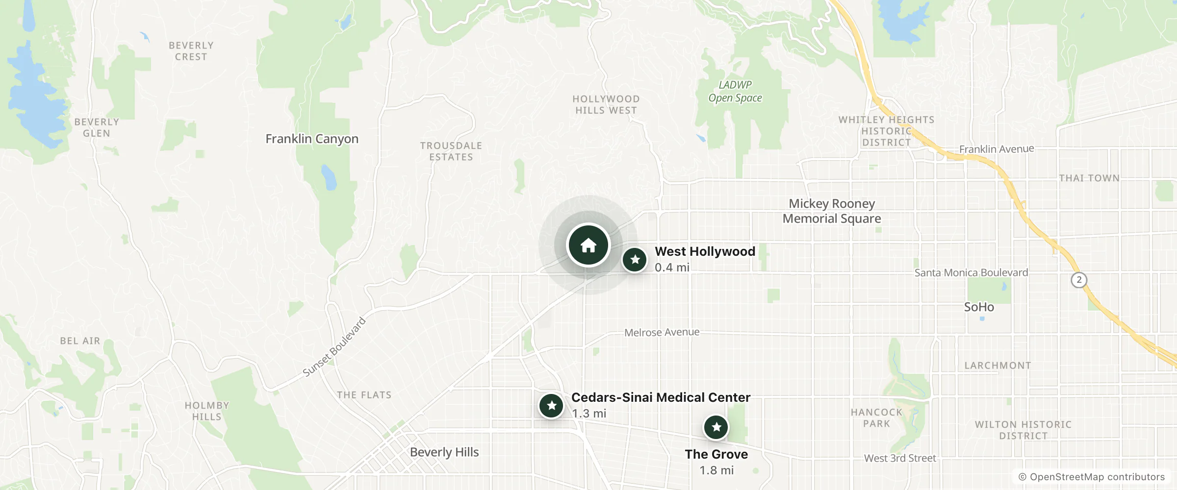 Map of The Jeremy West Hollywood and nearby West Hollywood, Cedars-Sinai Medical Center and The Grove