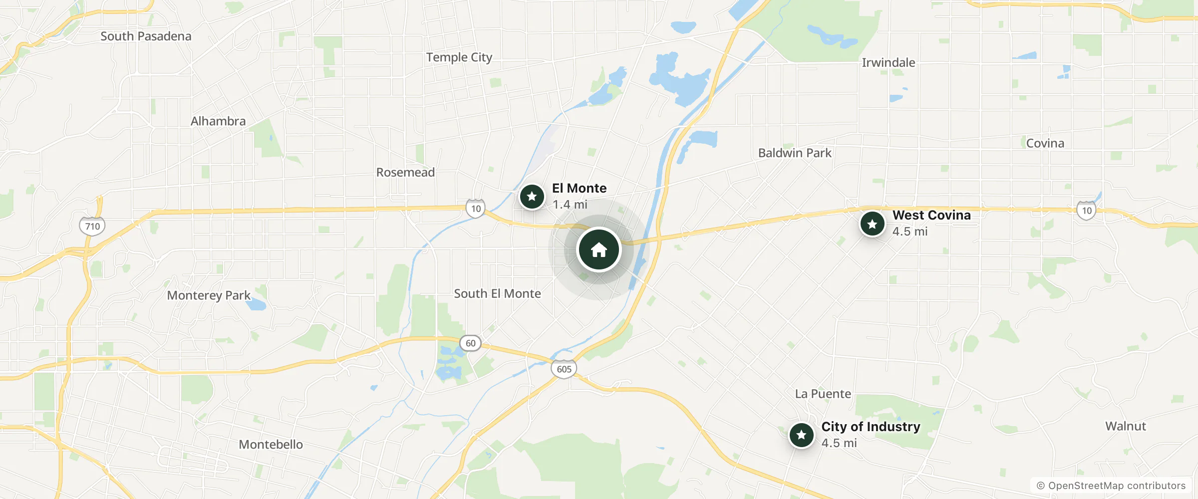 Map of Hotel Heritage El Monte Los Angeles and nearby El Monte, West Covina and City of Industry