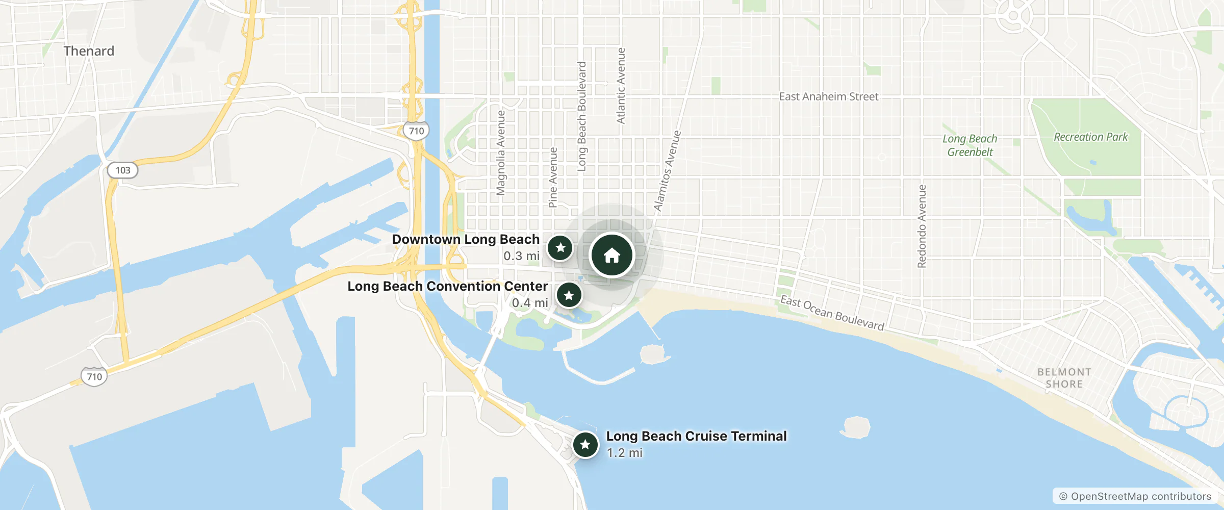 Map of Best Western Plus Hotel at the Convention Center and nearby Downtown Long Beach, Long Beach Convention Center and Long Beach Cruise Terminal