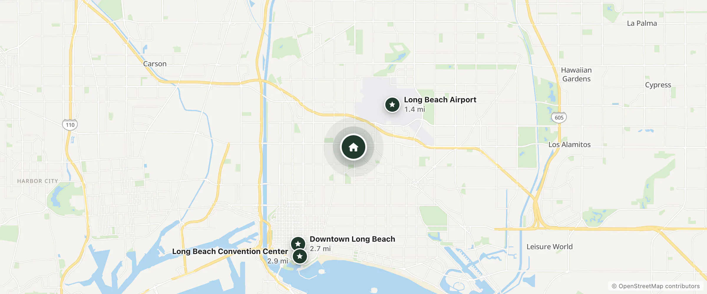 Map of Extended Stay America and nearby Long Beach Airport, Downtown Long Beach and Long Beach Convention Center