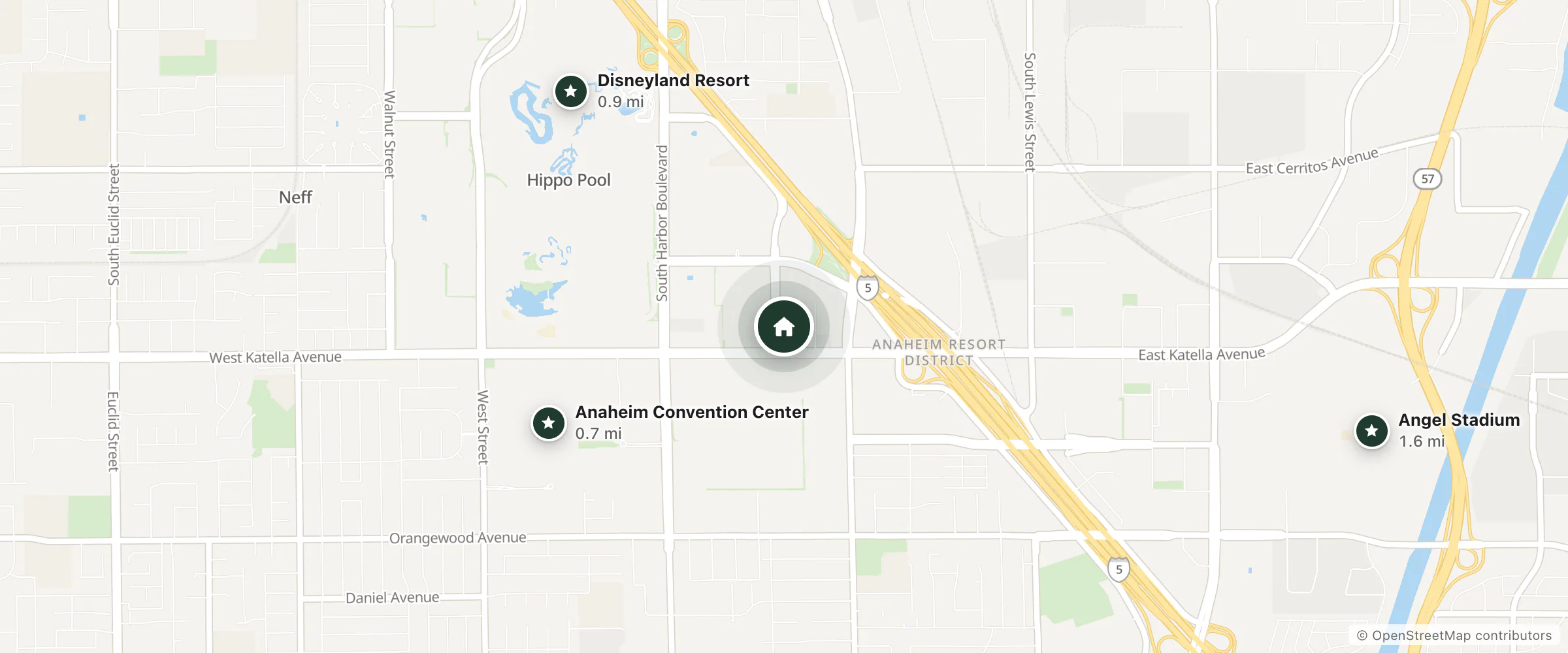 Map of La Quinta Inn and Suites by Wyndham Anaheim and nearby Anaheim Convention Center, Disneyland Resort and Angel Stadium