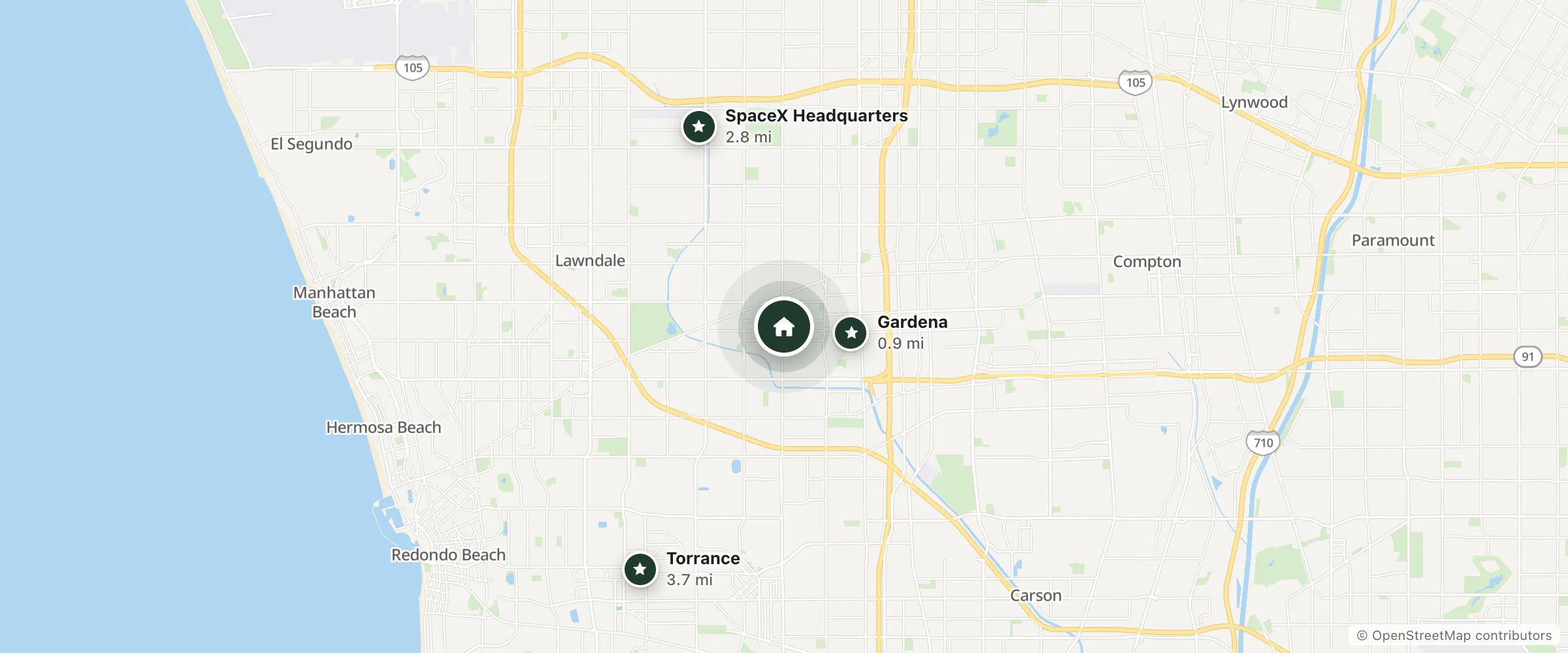 Map of Gardena Towers Inn and nearby Gardena, SpaceX Headquarters and Torrance