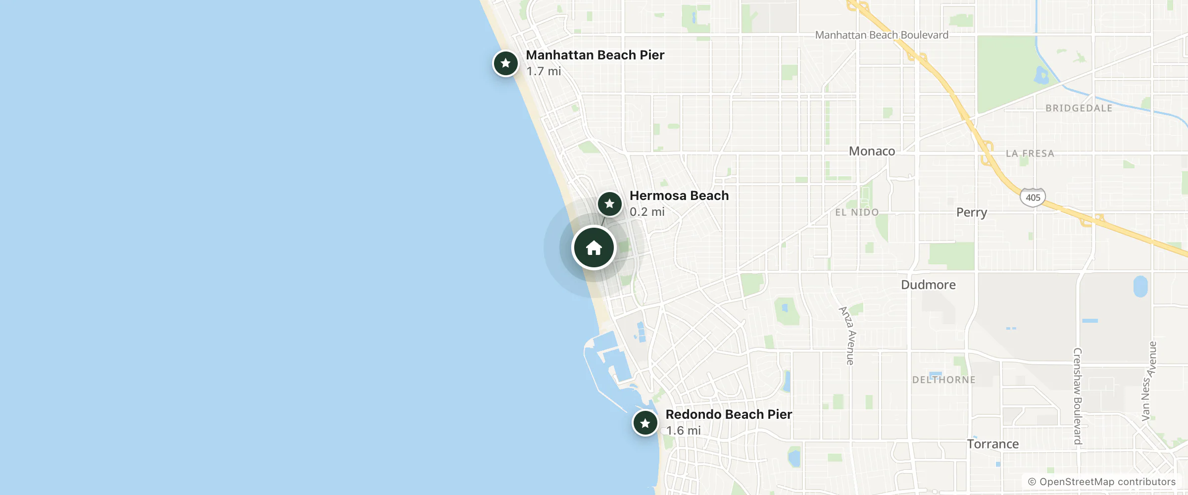 Map of SW Beach Hotel and nearby Hermosa Beach, Redondo Beach Pier and Manhattan Beach Pier