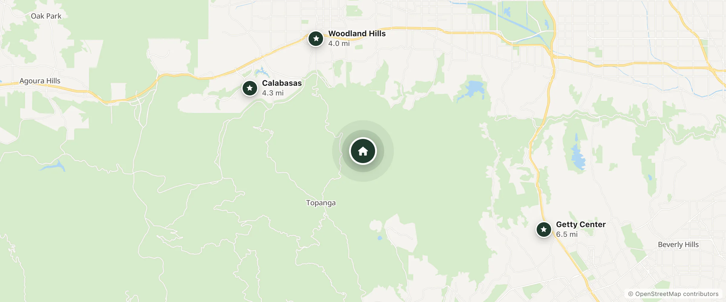 Map of Topanga Canyon Inn Bed and Breakfast and nearby Woodland Hills, Calabasas and Getty Center