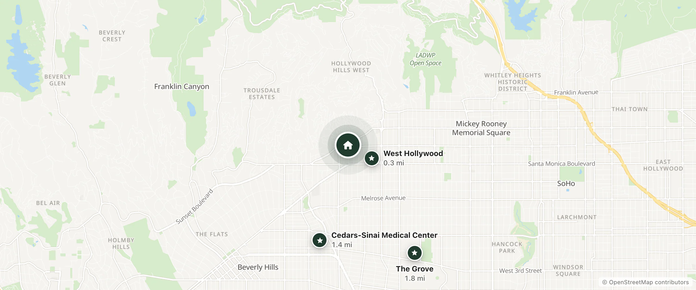 Map of The Valorian Los Angeles, Curio Collection by Hilton and nearby West Hollywood, Cedars-Sinai Medical Center and The Grove