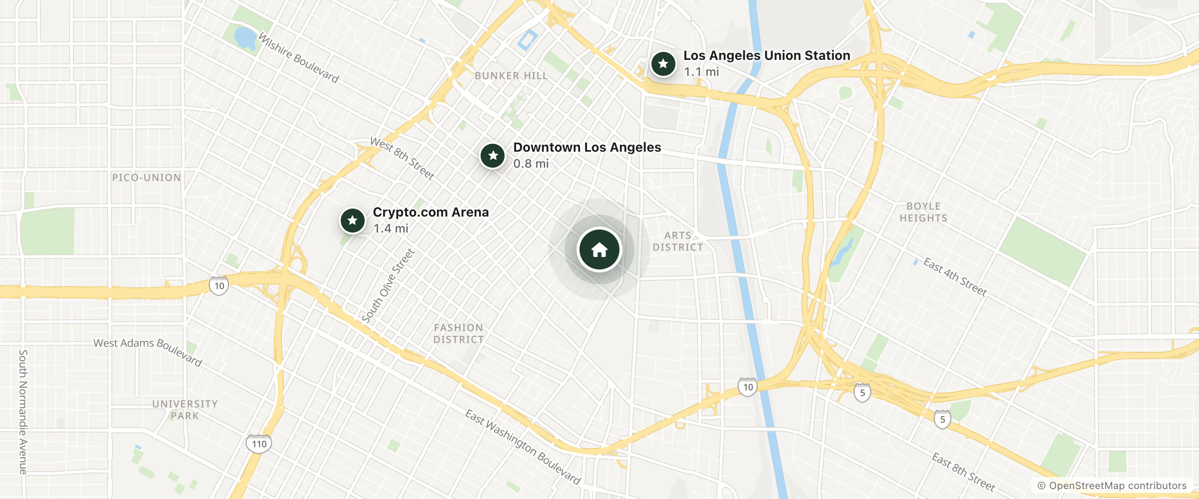 Map of The Regal Hotel and nearby Downtown Los Angeles, Los Angeles Union Station and Crypto.com Arena