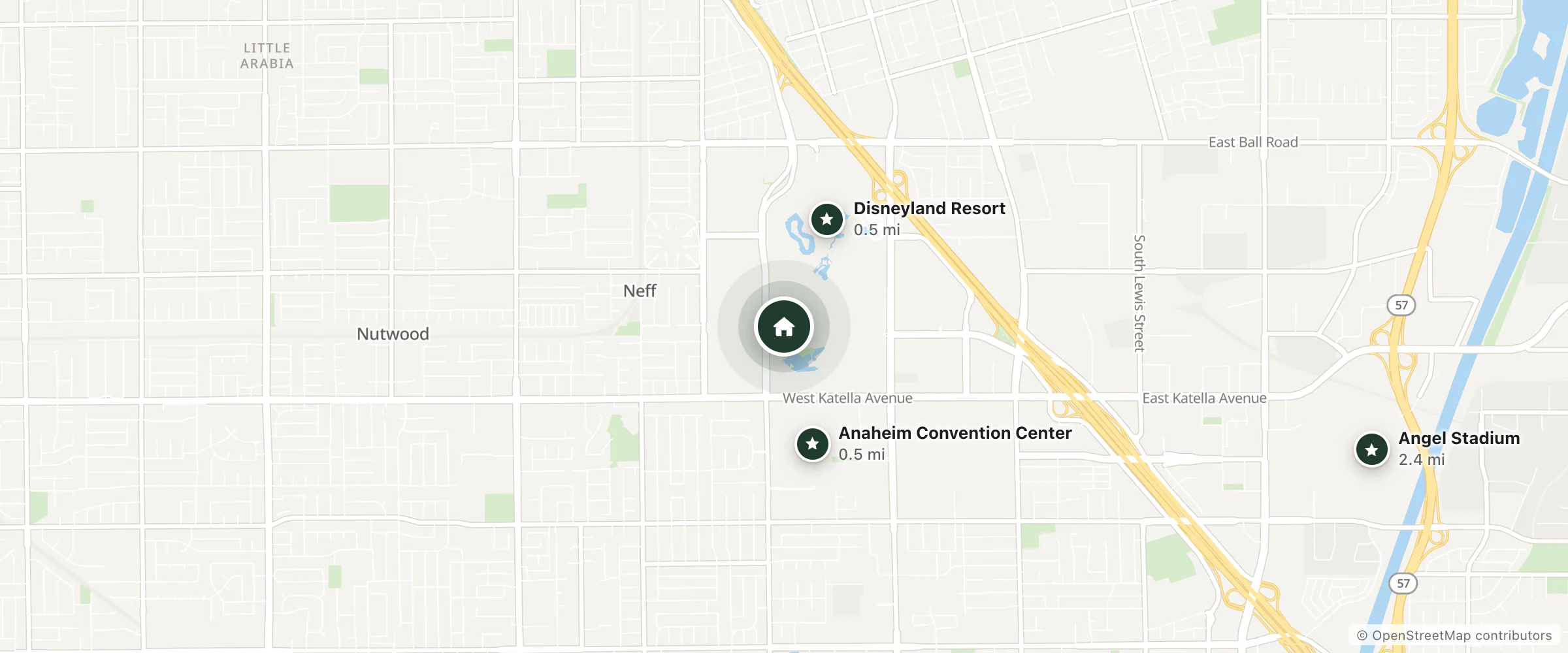 Map of The Villas at Disney's Grand Californian Hotel & Spa and nearby Disneyland Resort, Anaheim Convention Center and Angel Stadium