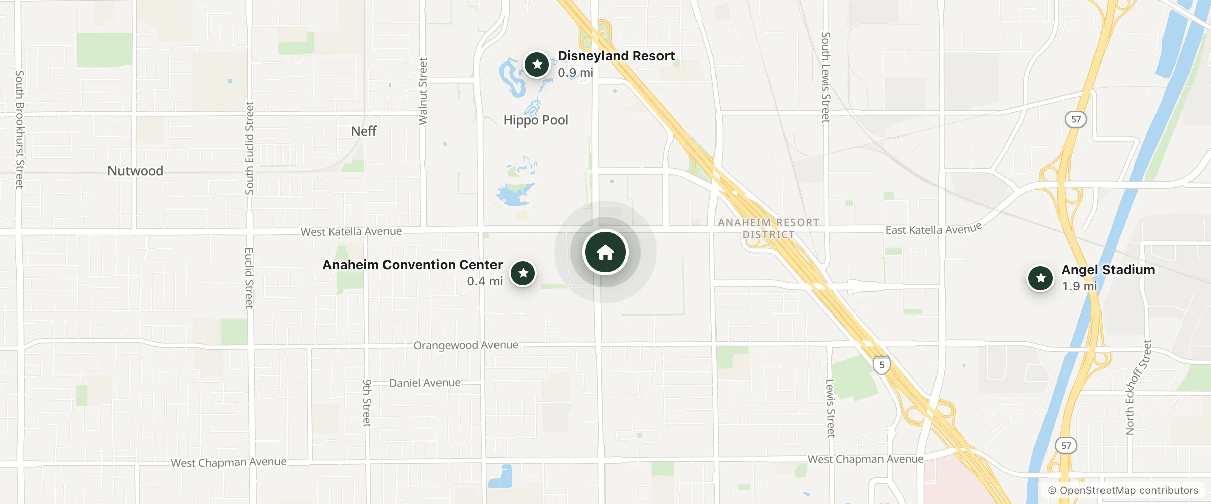 Map of Hotel Lulu and nearby Anaheim Convention Center, Disneyland Resort and Angel Stadium