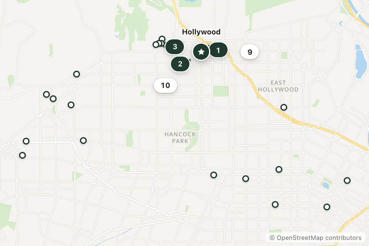 Map of the top 24 hotels for this question around Hollywood